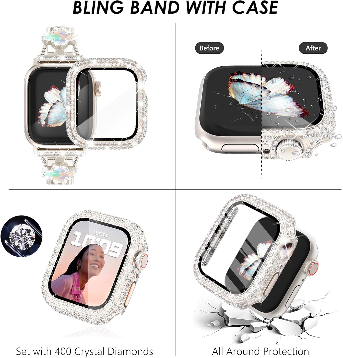 Surace Compatible con correas doradas de Apple Watch de 1.575 pulgadas para mujer, joyería de diamantes de imitación de acero inoxidable con funda