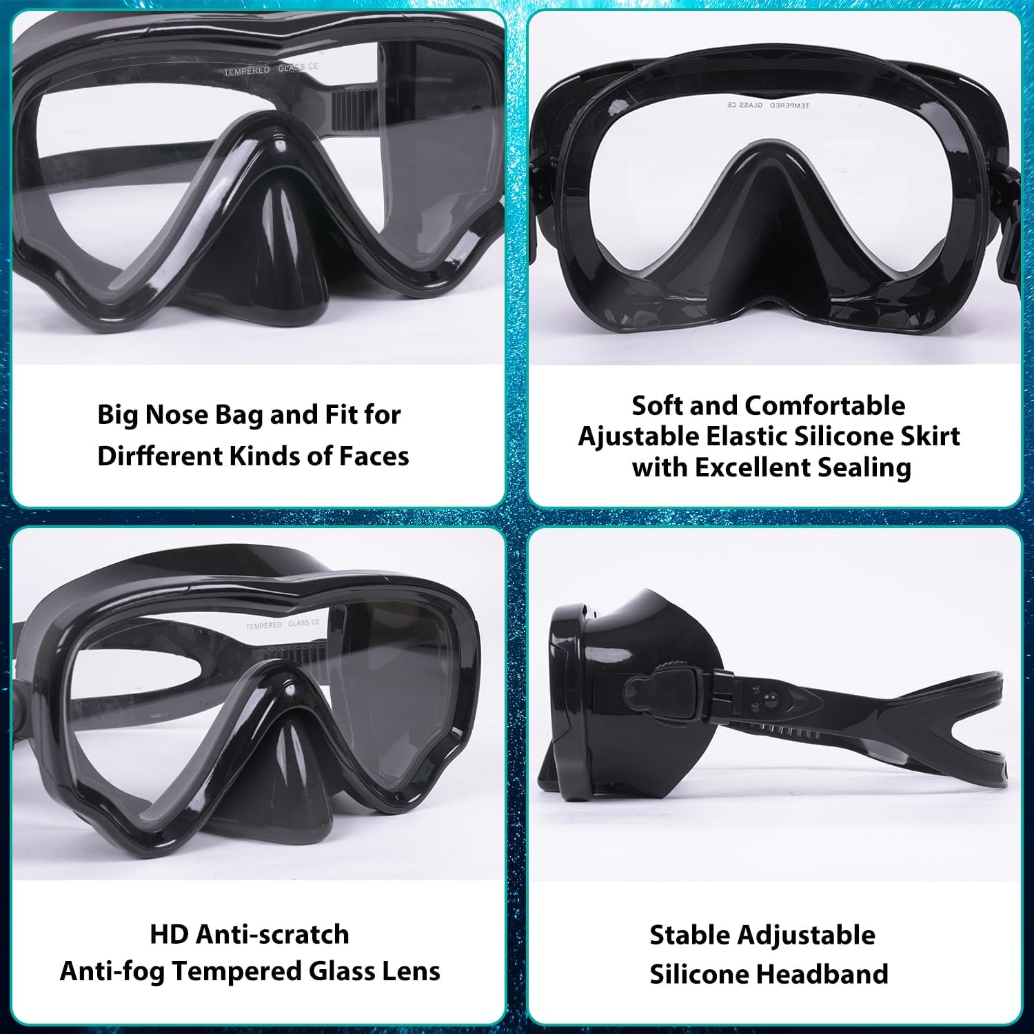 Máscara de buceo, máscaras de buceo para adultos, juegos de esnórquel, gafas de natación de vidrio templado antivaho, equipo de esnórquel con vista