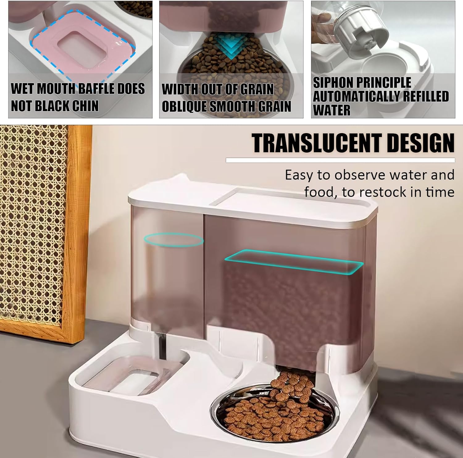 kathson Juego de dispensador automático de comida y agua todo en uno para gatos, comedero por gravedad para gatos con cuenco de acero inoxidable,