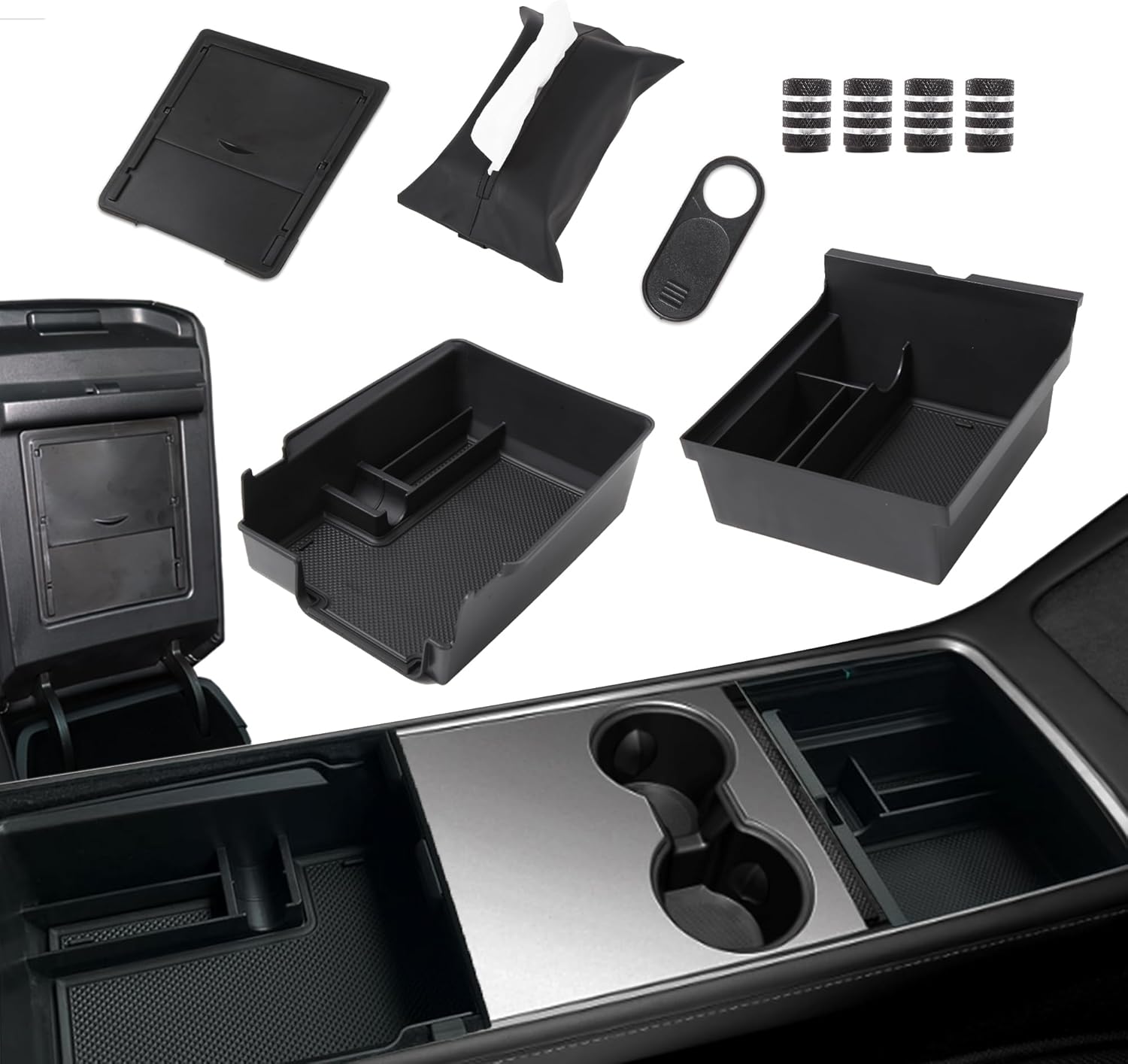 Dozod Bandeja organizadora de consola central de 9 piezas compatibles con Tesla Modelo 3 Modelo Y 2024-2021, caja de almacenamiento para
