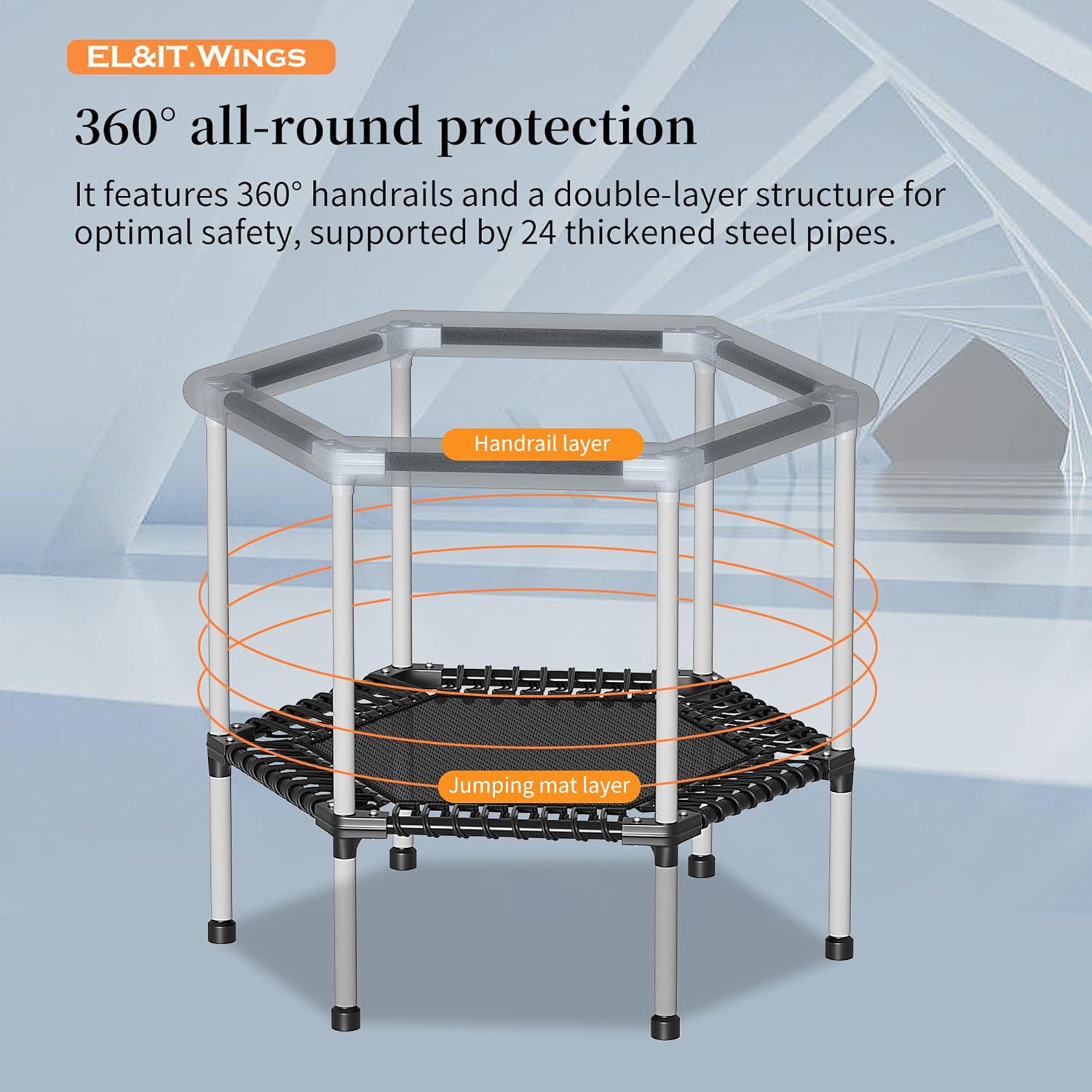 EL&ITWings Trampolín para niños con red, 4.6, 5.5, 7 pies, para interiores y exteriores, con recinto de seguridad, trampolín hexagonal pequeño para