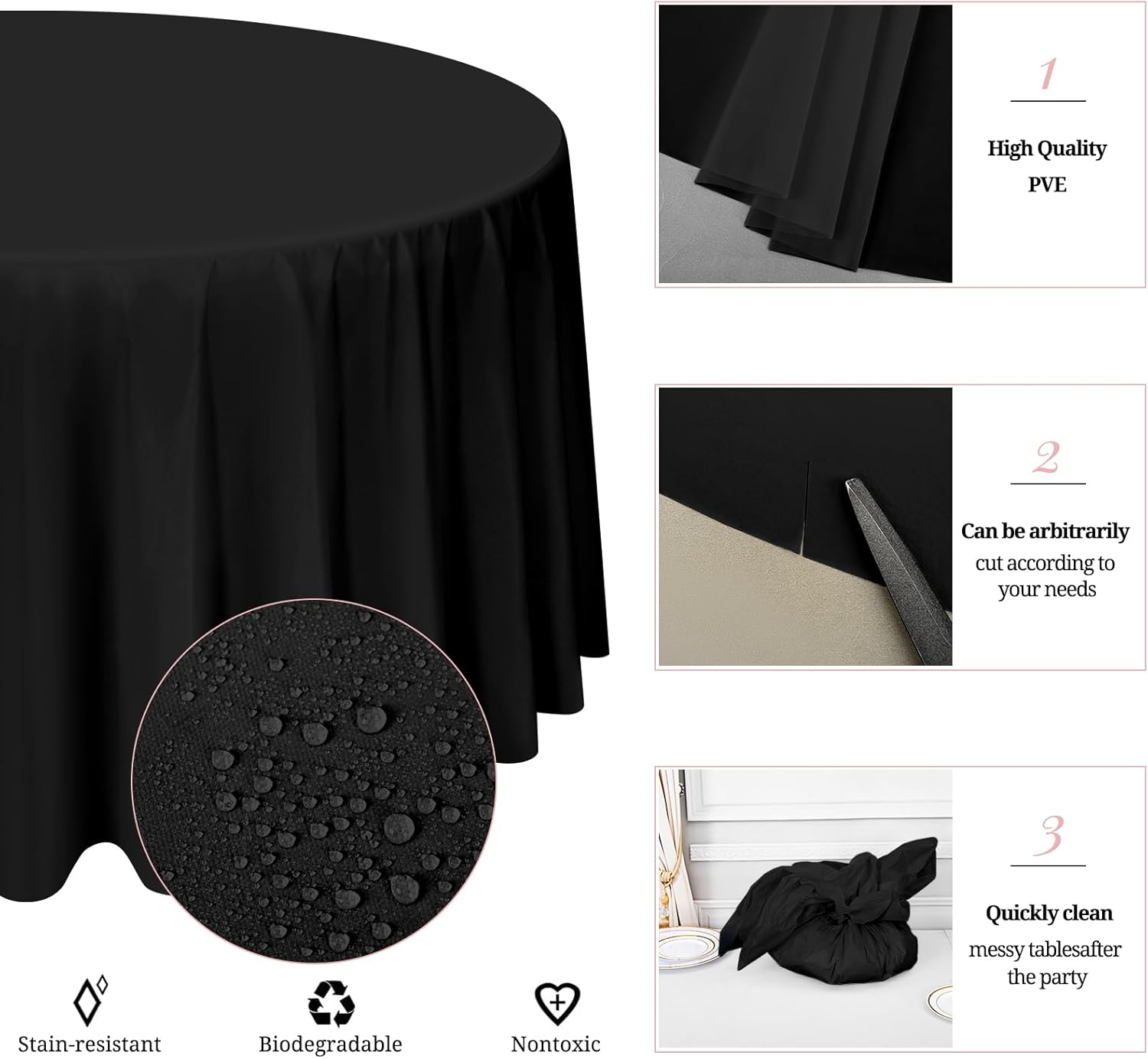 10 manteles desechables de plástico negro de 84 pulgadas con 10 manteles de satén color oro rosa de 12 x 108 pulgadas, manteles impermeables para