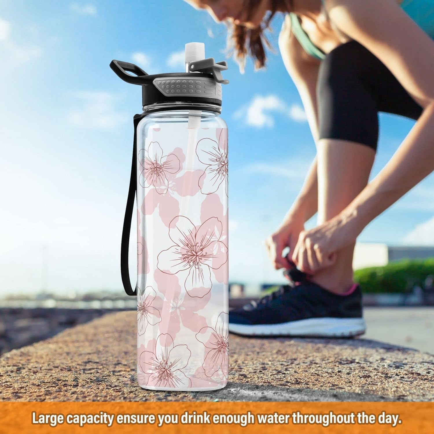 Burbuja Pink Flowers – Botella de agua de 32 onzas con tapa con popote, a prueba de fugas y sin BPA, botella de Tritan para gimnasio, fitness,