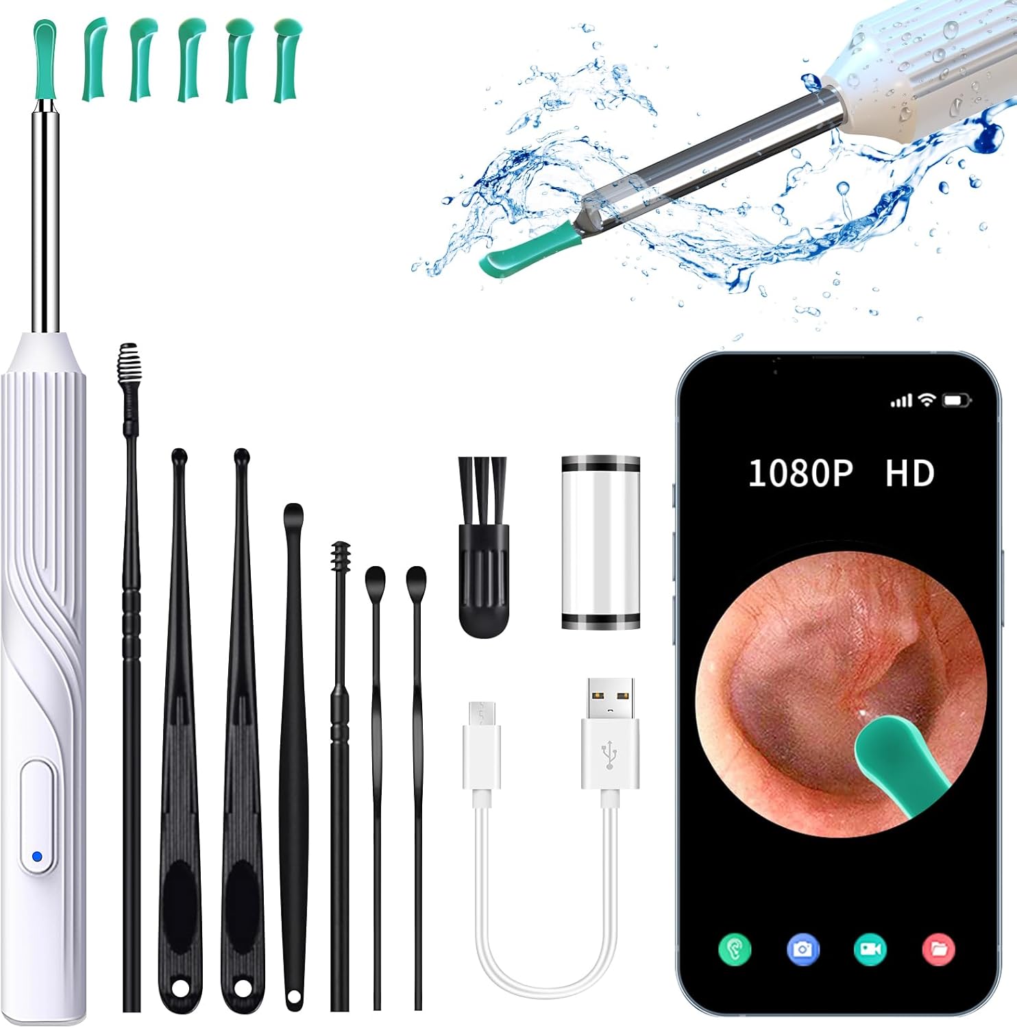 Herramienta de eliminación de cera de oído, limpiador de oídos con cámara de otoscopio HD 1080P, otoscopio de cámara de oído con luz, 6 luces LED,