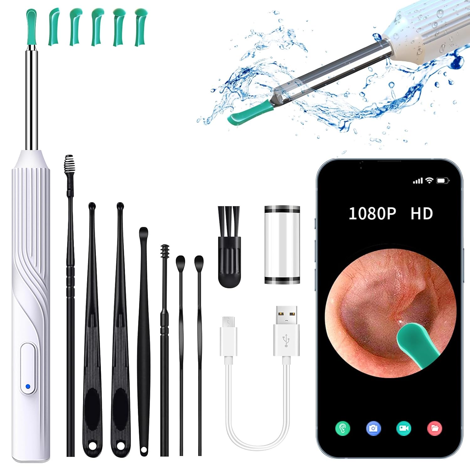 Pro Eliminación de cera de oído, limpiador de oídos con cámara de otoscopio HD 1080P y luz más 7 piezas para todos los teléfonos iPhone y Android
