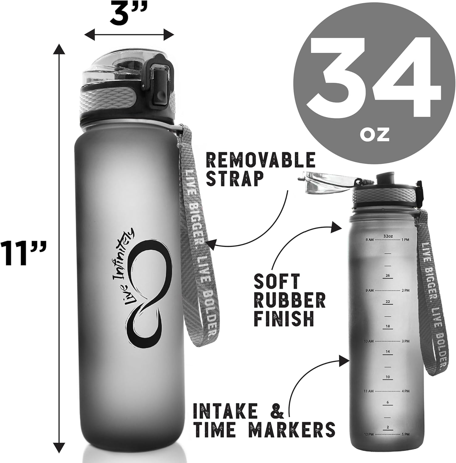 Live Infinitely – Botella de agua de 34 onzas sin BPA con marcador de tiempo, filtro de infusión de frutas y bola agitadora de mezcla, tapa con