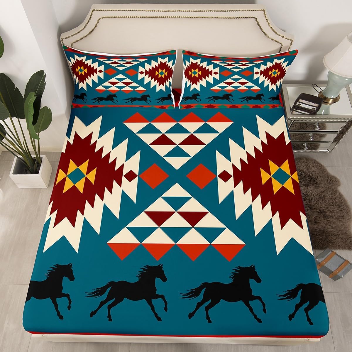 Juego de sábanas de caballo indio africano con geometría tribal, juego de sábanas bajeras nativas aztecas del suroeste, sábana superior de animales