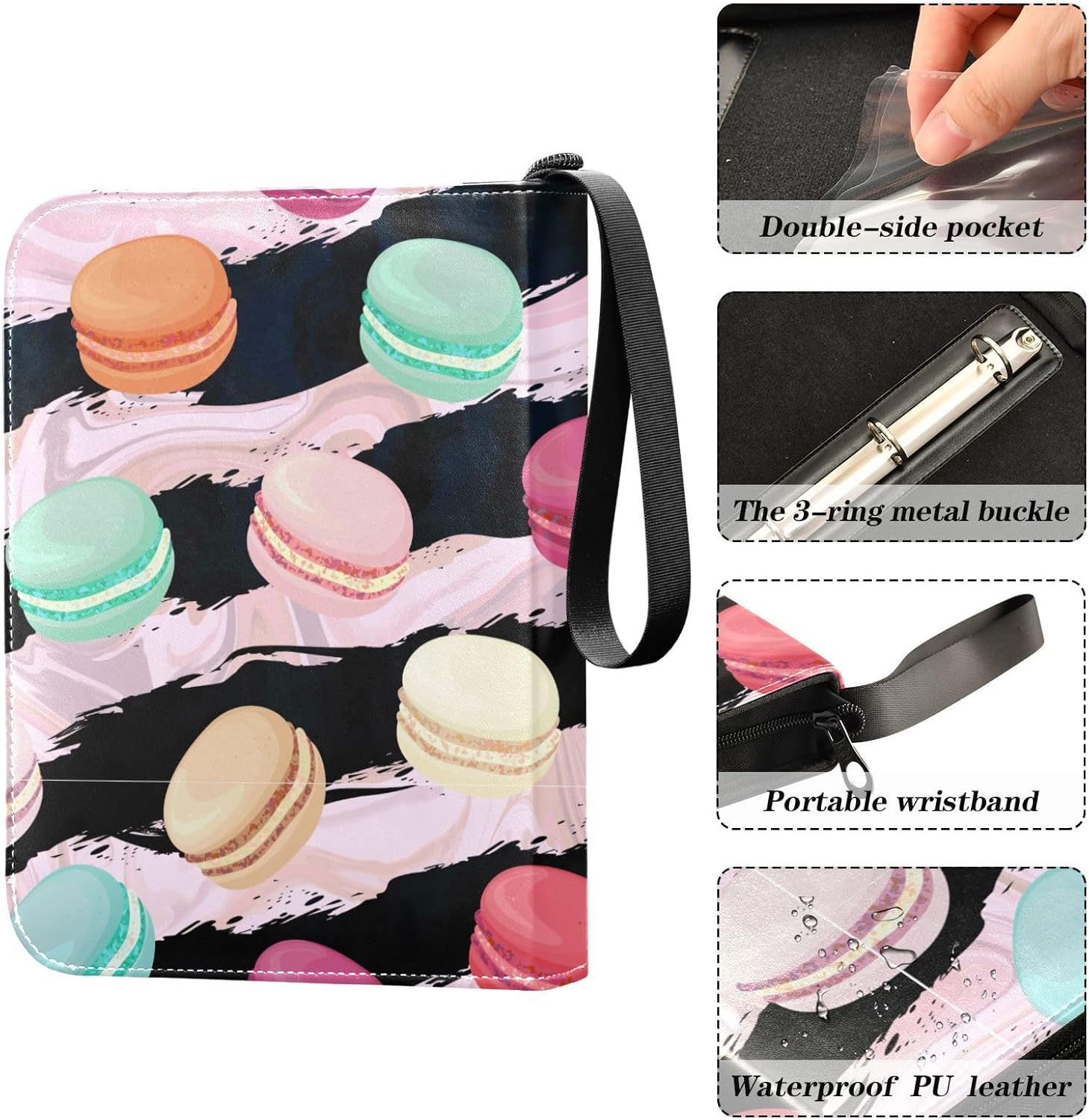 Macaroons Card Binder 4 Pocket Trading Card Holder Book with 50 Sleeves Card Binder Case Fits 400 Cards 3 Rings Trading Card Album Folder for