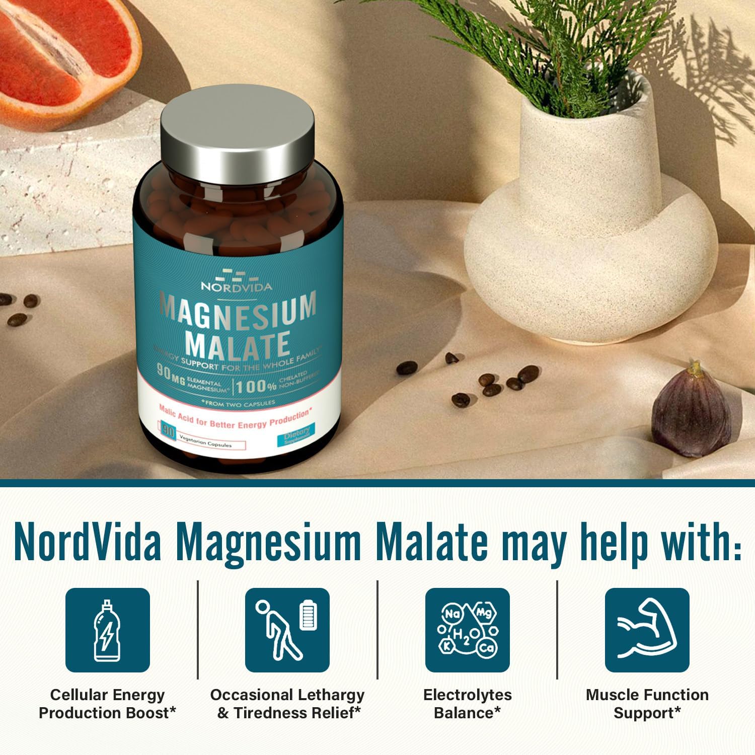 Malato de magnesio, 90 mg de magnesio elemental, para adultos y niños, totalmente quelado con ácido málico, apoya la producción de energía y la