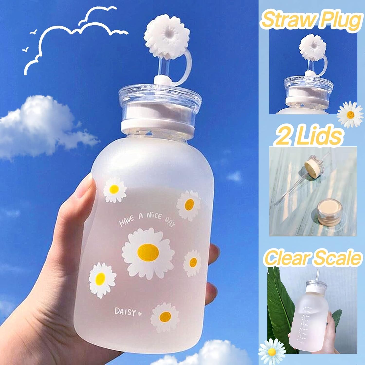 Milk Juice – Lindas botellas de agua estéticas lindas para mujeres, botella de agua portátil de vidrio esmerilado Kawaii Little Daisy con popote y 2
