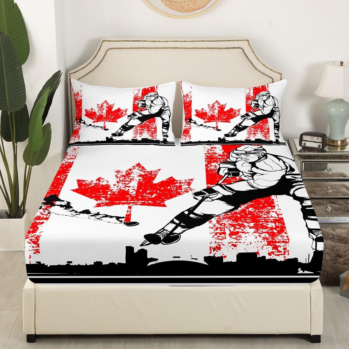 jejeloiu Juego de sábanas de hockey sobre hielo para niñas y niños, tamaño King, con diseño de bandera canadiense con bolsillo profundo, sábana
