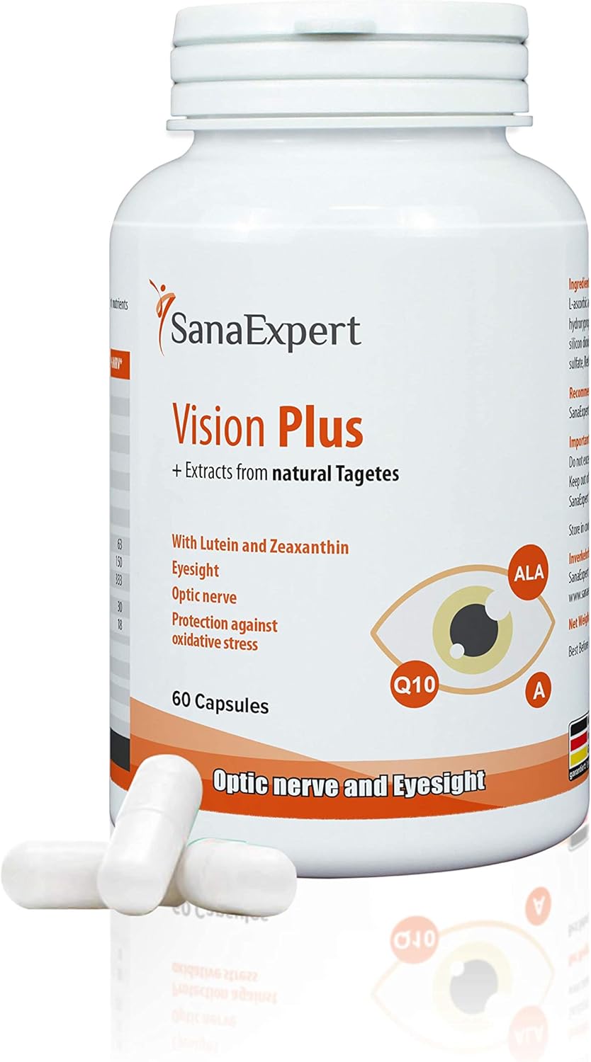 SanaExpert Vision Plus, Suplemento para el nervio óptico, la visión y la salud ocular, con caléndula, luteína, zeaxantina, coenzima Q10, vitaminas A