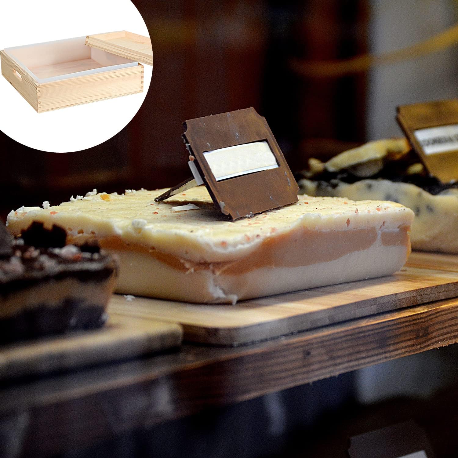 Moldes de jabón grandes, revestimiento de silicona rectangular de 8L282 oz para molde de 18 barras con caja y tapa de madera, herramientas para