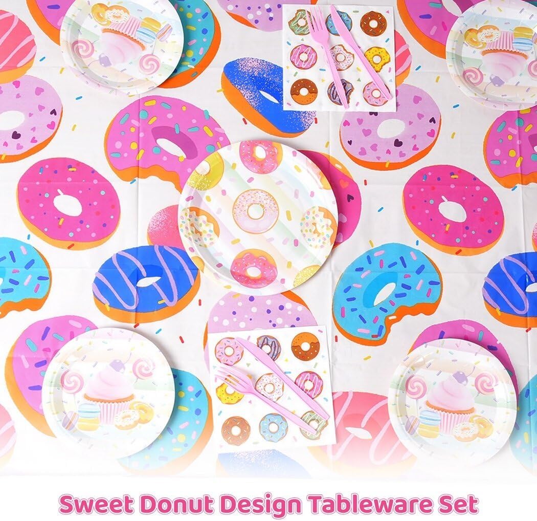 Juego de vajilla de 126 piezas para fiesta de donas, decoración de fiesta de donas, juego de vajilla de papel con platos desechables, servilletas,