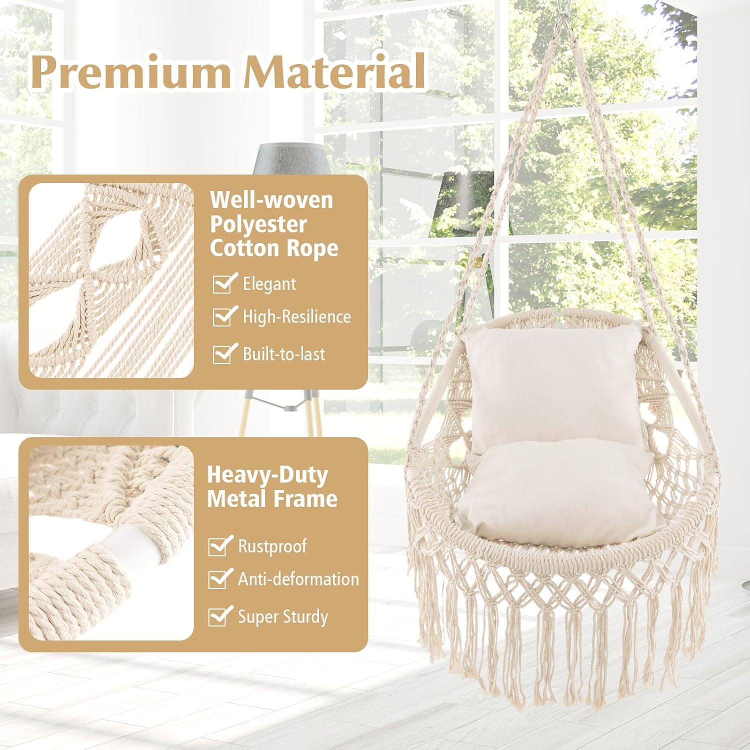 HAPPYGRILL Silla hamaca colgante con cojines de asiento suaves, columpio de macramé para interiores y exteriores, cuerda y cadena resistentes, silla