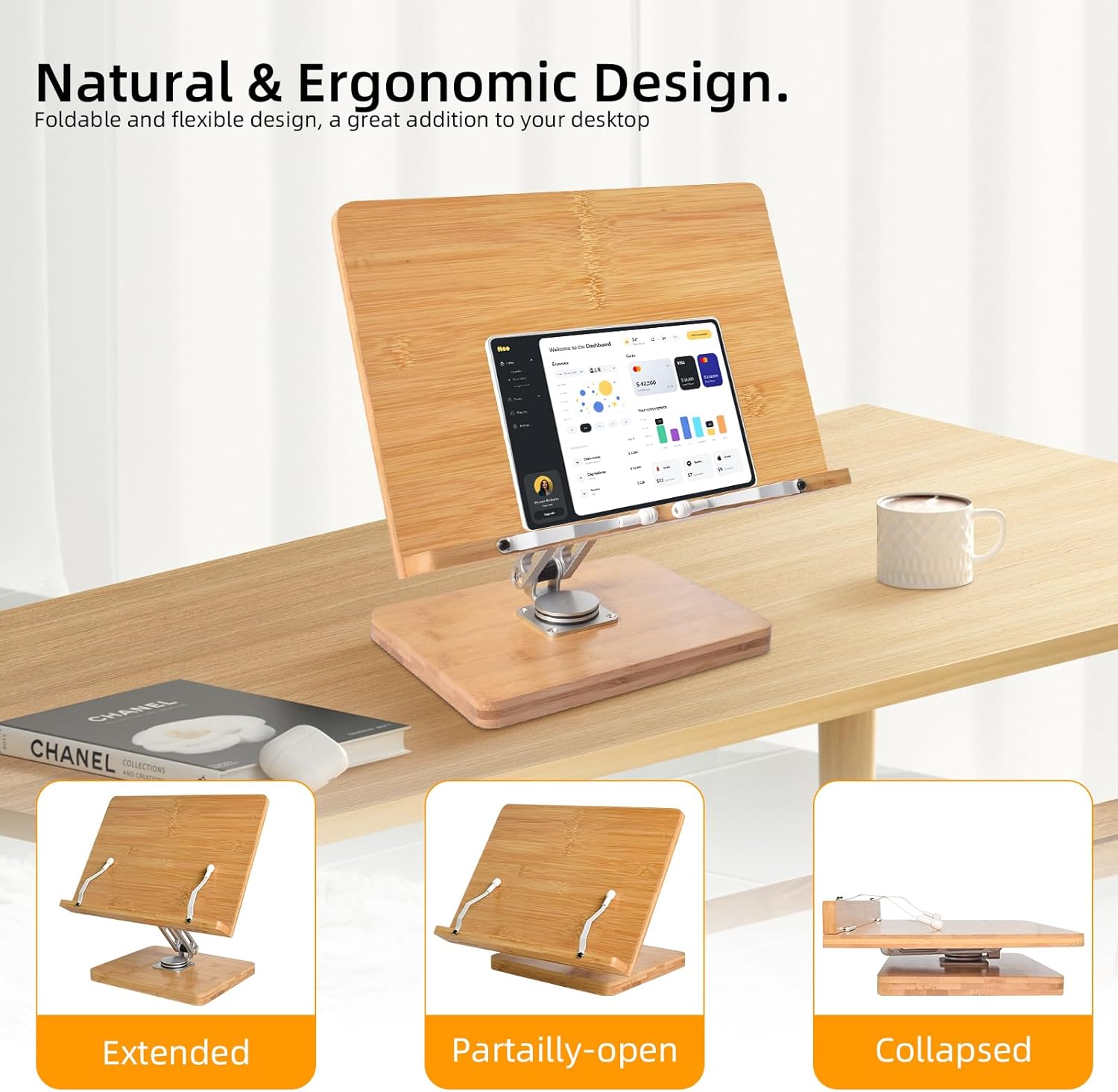 Crocqett – Soporte de libro para lectura, ajustable giratorio de 360 grados, con clips de página, soporte grande para libros de cocina, música,
