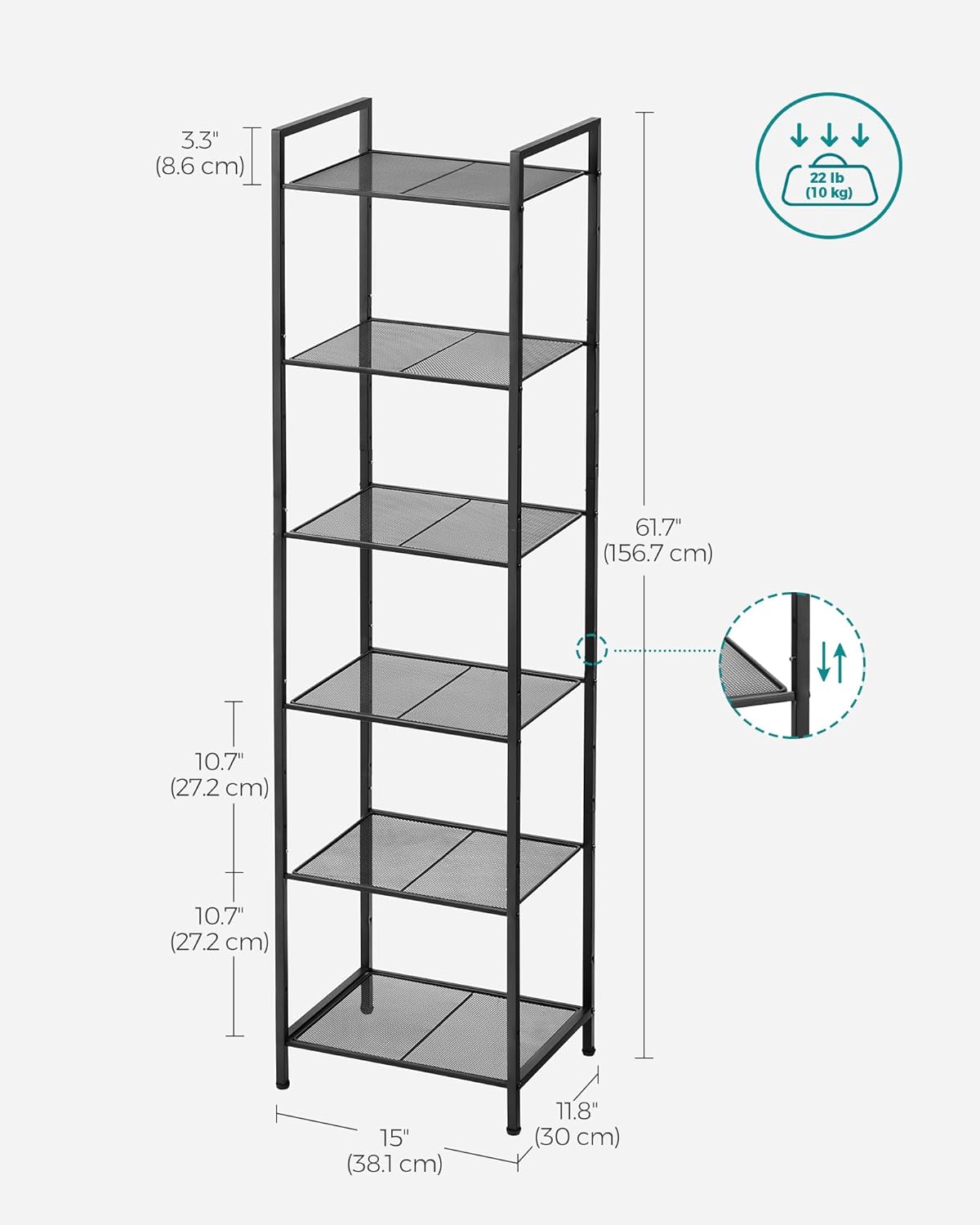 SONGMICS Estante de almacenamiento de 6 niveles, estante de baño, soporte extensible para plantas con estante ajustable, para baño, sala de estar,