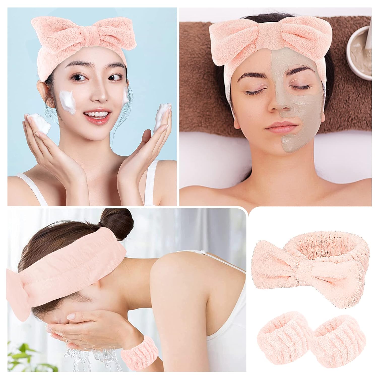 Juego de 3 diademas de spa y muñequeras para el cuidado de la piel, bandas para el cuidado de la piel, diadema rosa lavado, suave maquillaje facial,
