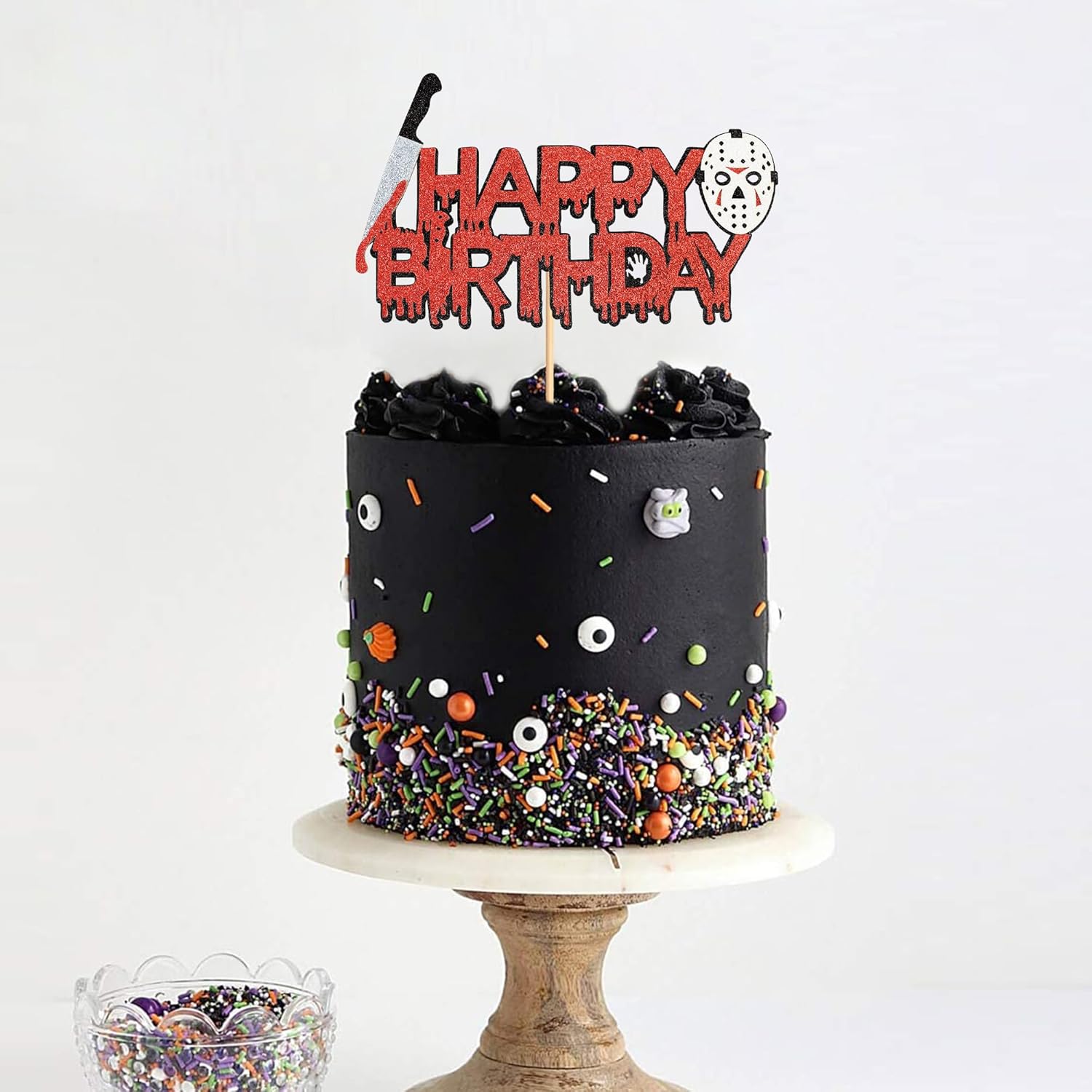 Ercadio 1 paquete de decoración de pastel de película de terror con purpurina para Halloween Killer para pastel de cumpleaños con temática de
