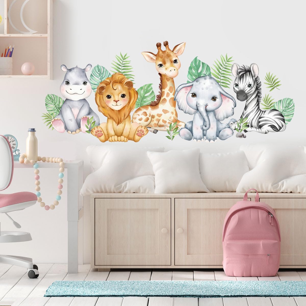 Adhesivo de pared con diseño de animales del bosque, acuarela, selva, elefante, león, cebra, jirafa, bebé, cuarto de niños, sala de juegos,