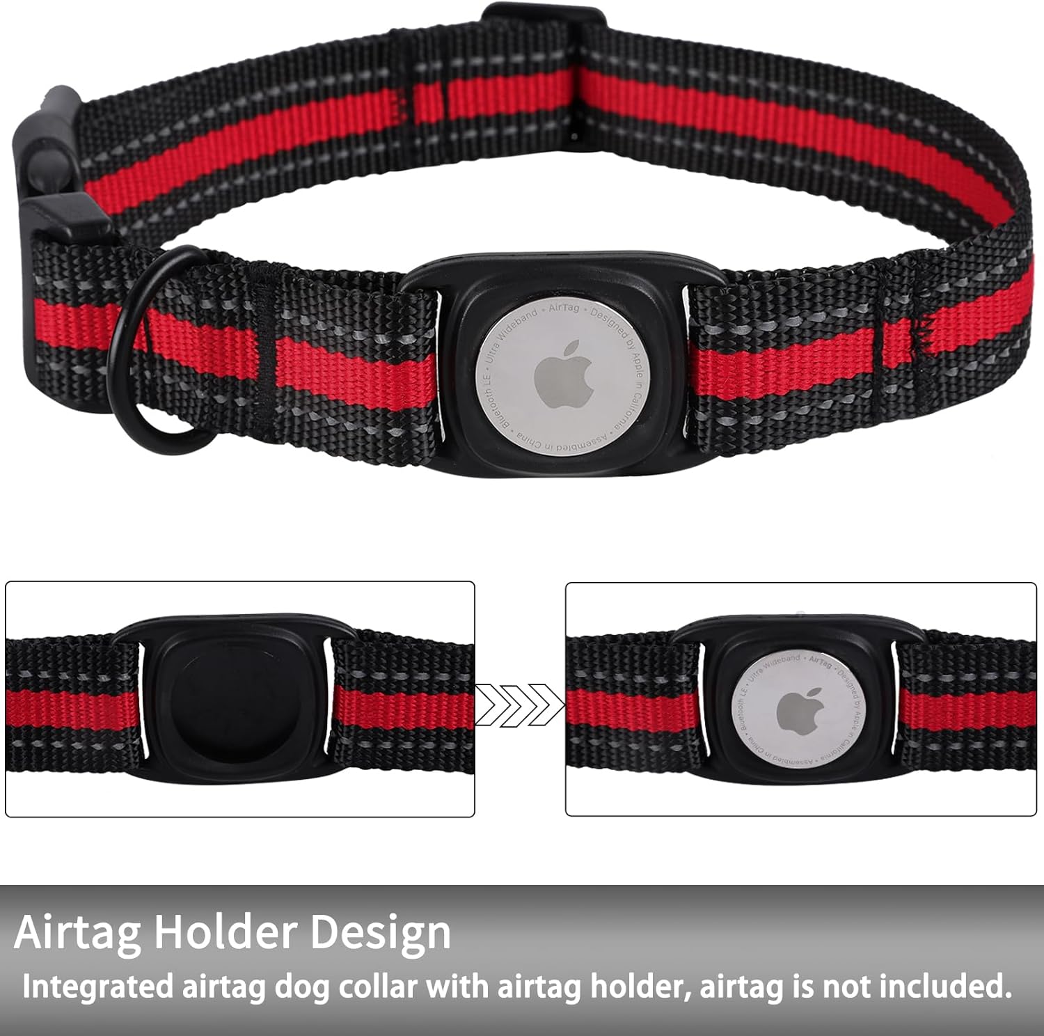 ARING PET Collar reflectante para perro, collar de perro Airtag ajustable, collares de perro rojos de nailon ligero con soporte para Airtag