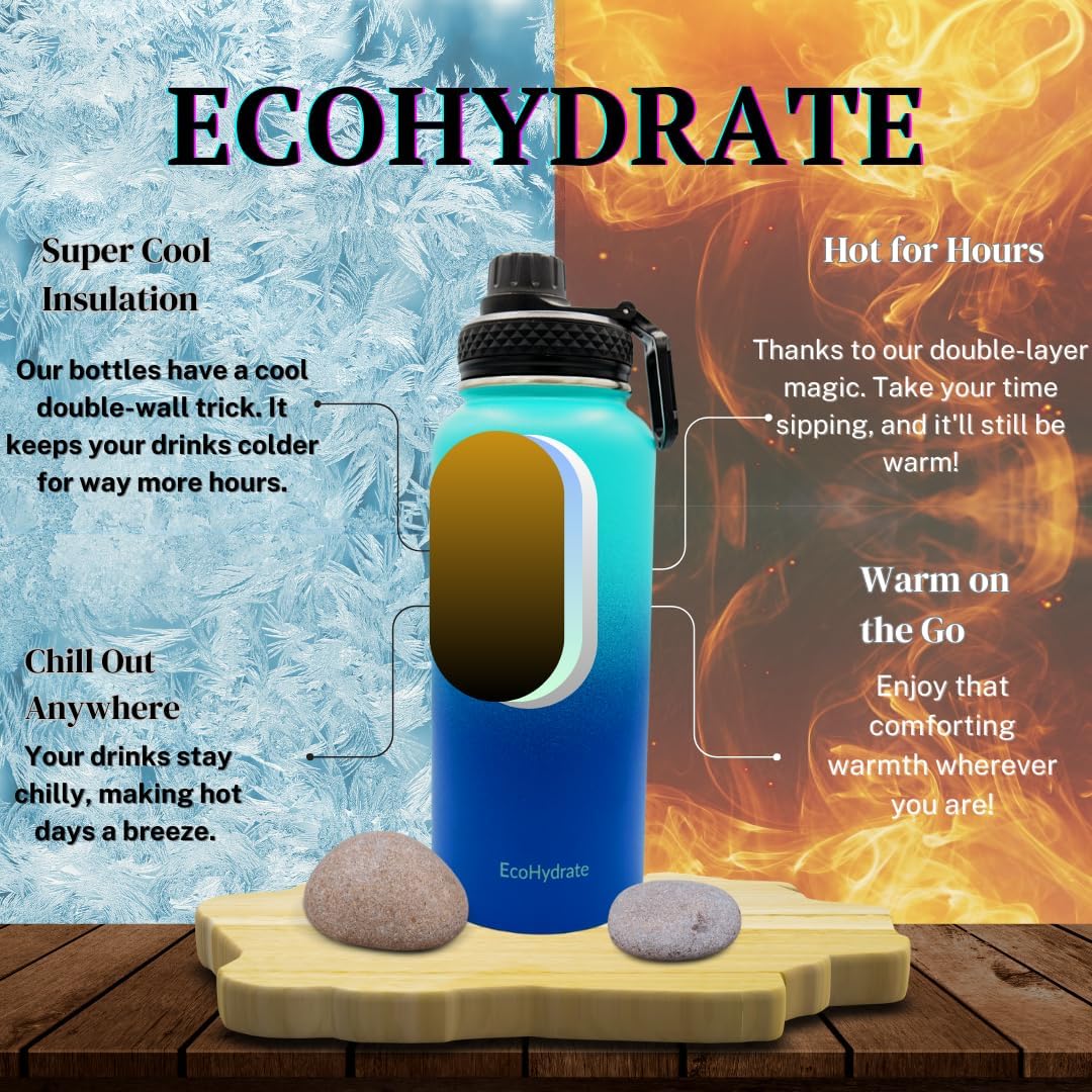 EcoHydrate – Botella de agua deportiva de 32 onzas, acero inoxidable, térmica aislada, botellas de gimnasio y deportes, azul y azul claro