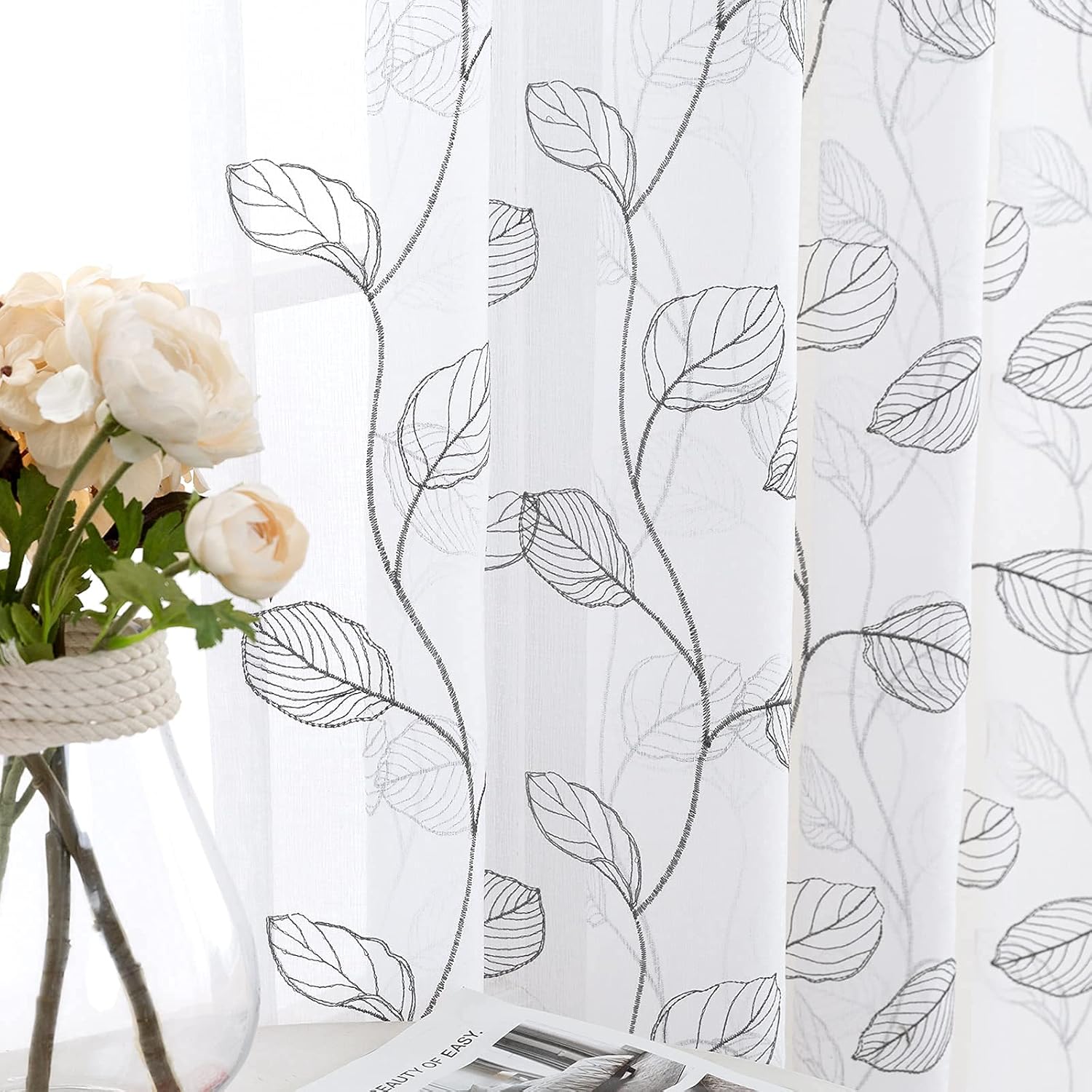 Topick cortinas con hortensias bordadas para sala de estar, con ojales