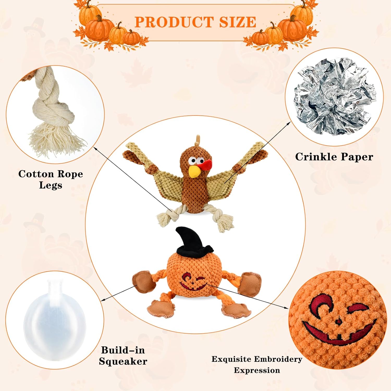 Vehomy Juguetes de Halloween para perros, juguetes chirriantes para perros de Acción de Gracias, calabaza, Acción de Gracias, pavo, juguete