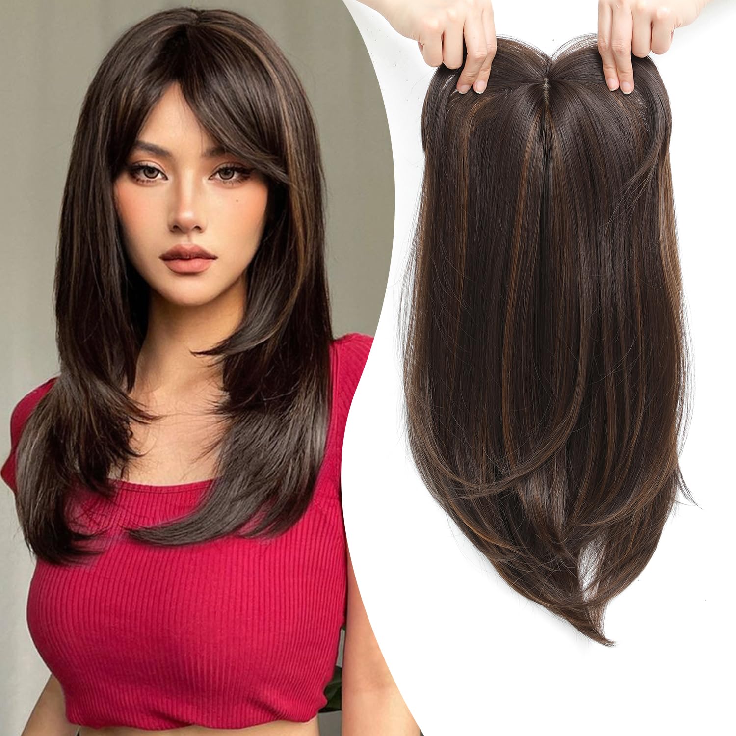 Ms Taj Cubrepelo de 18 pulgadas de largo en capas para mujer, adornos de pelo sintético para mujeres con cabello delgado, color marrón oscuro con