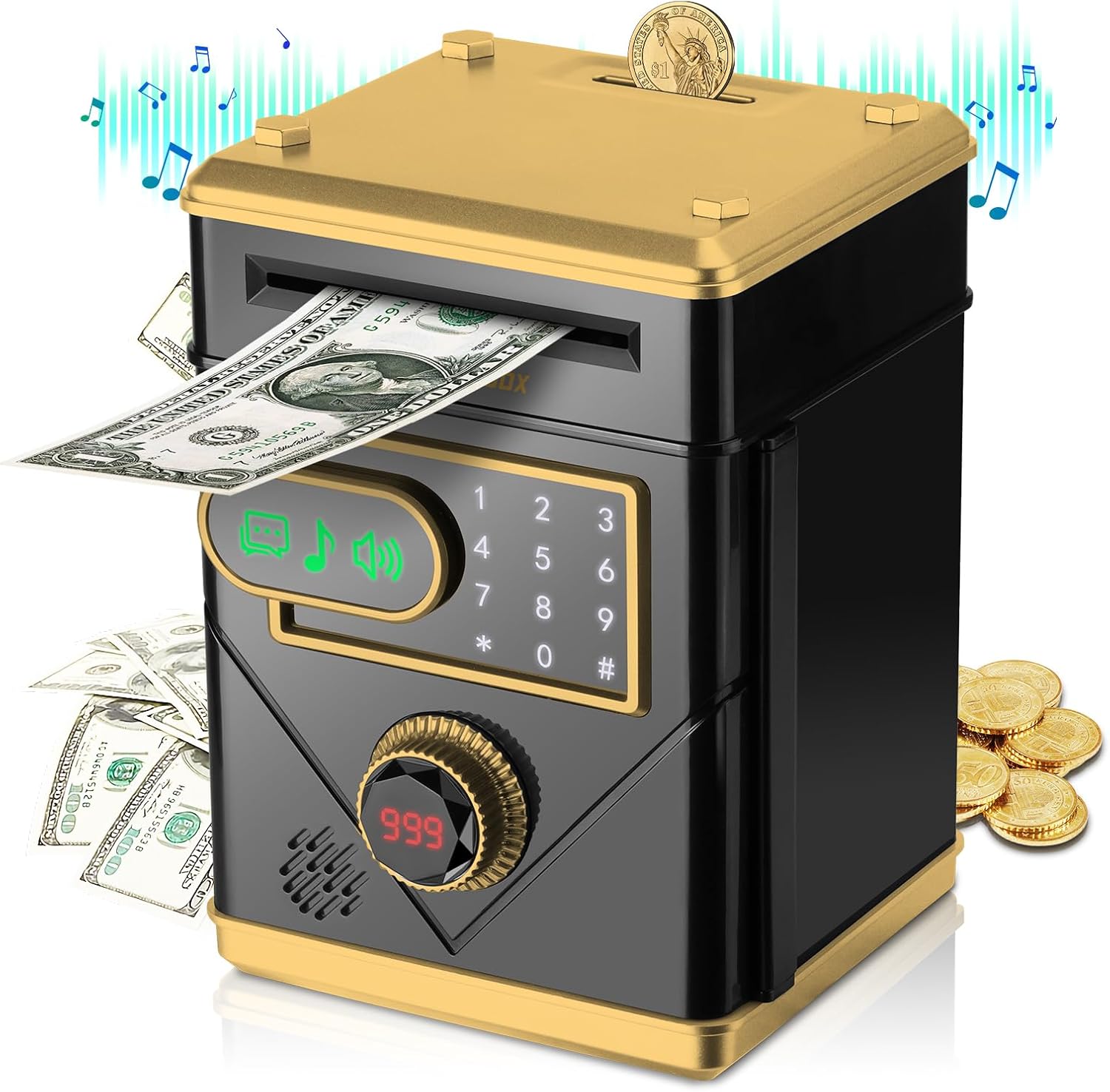 Refasy Alcancía electrónica, caja de dinero en efectivo para niños, caja de ahorro de dinero, cajero automático con música pantalla táctil, banco de
