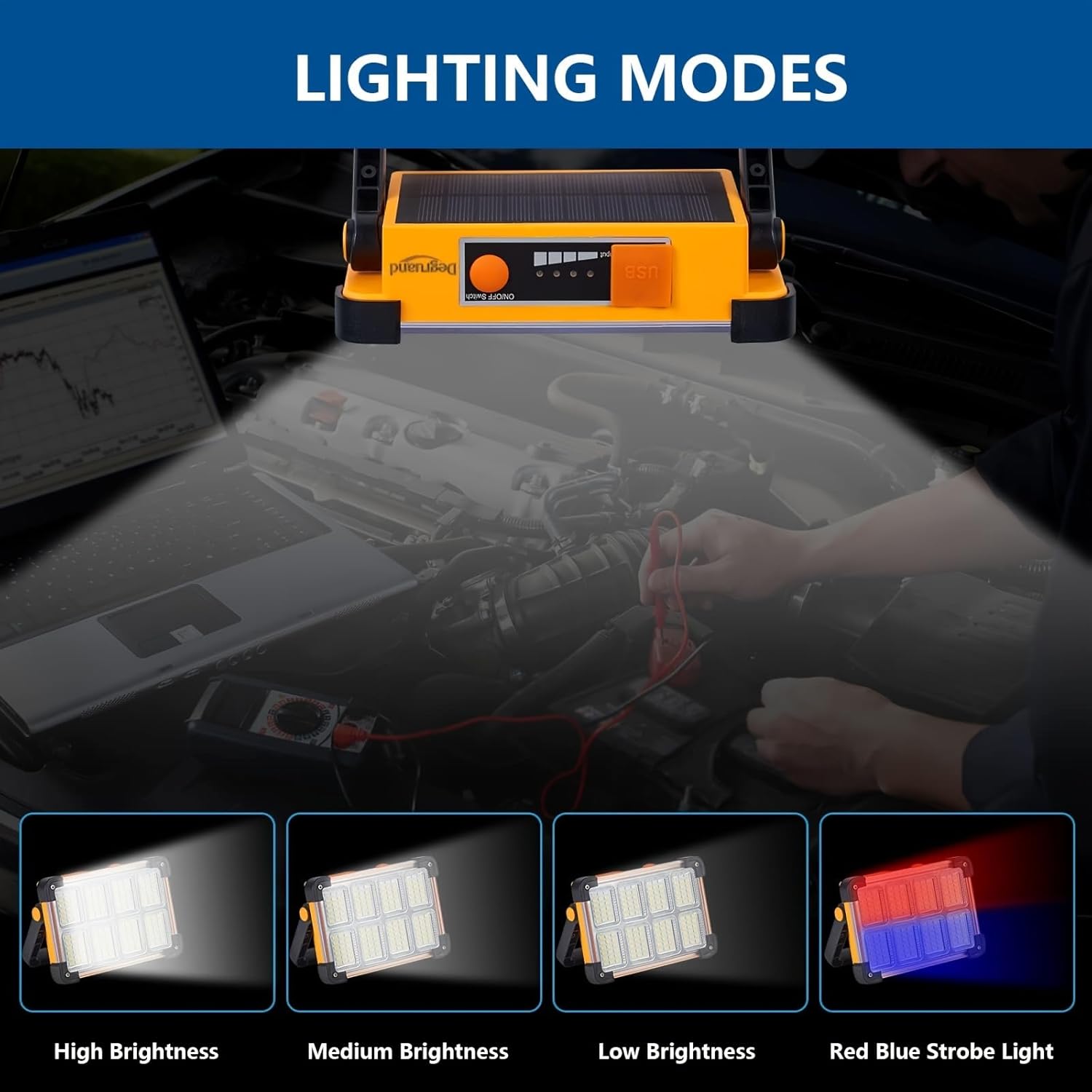 Luz solar de trabajo LED recargable, reflector portátil ultra brillante, luz inalámbrica impermeable IP65, de pie, para corte de energía, luz de