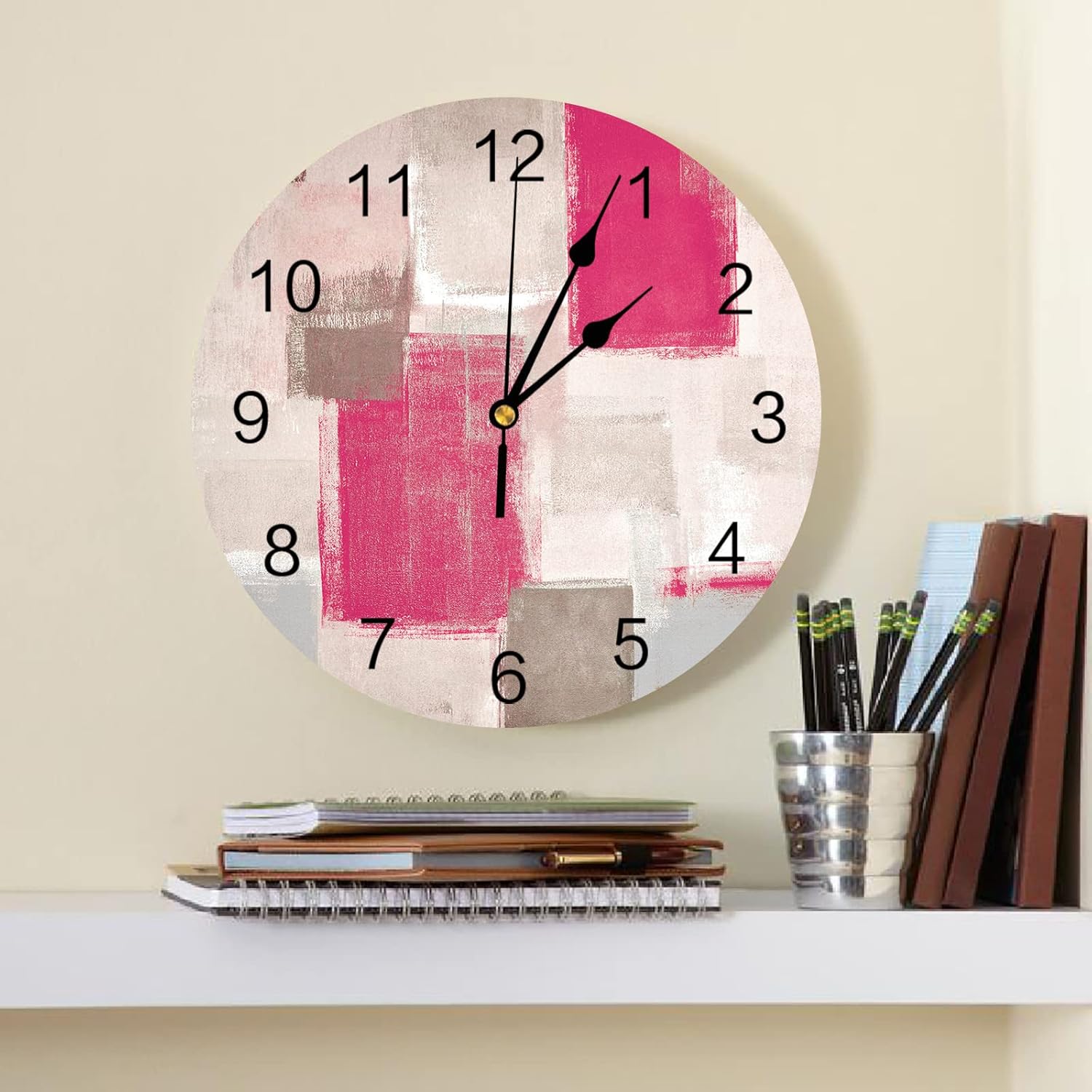 Reloj de pared de 10 pulgadas, silencioso, sin tictac, con graffiti rosa abstracto, redondo, decorativo, para sala de estar, dormitorio, cocina,