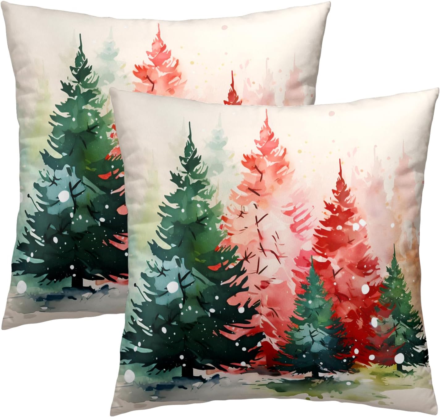 Juego de 2 fundas de almohada con diseño de acuarela para árbol de Navidad, color rojo y verde, para decoración del hogar, sofá, cama, 16 x 16