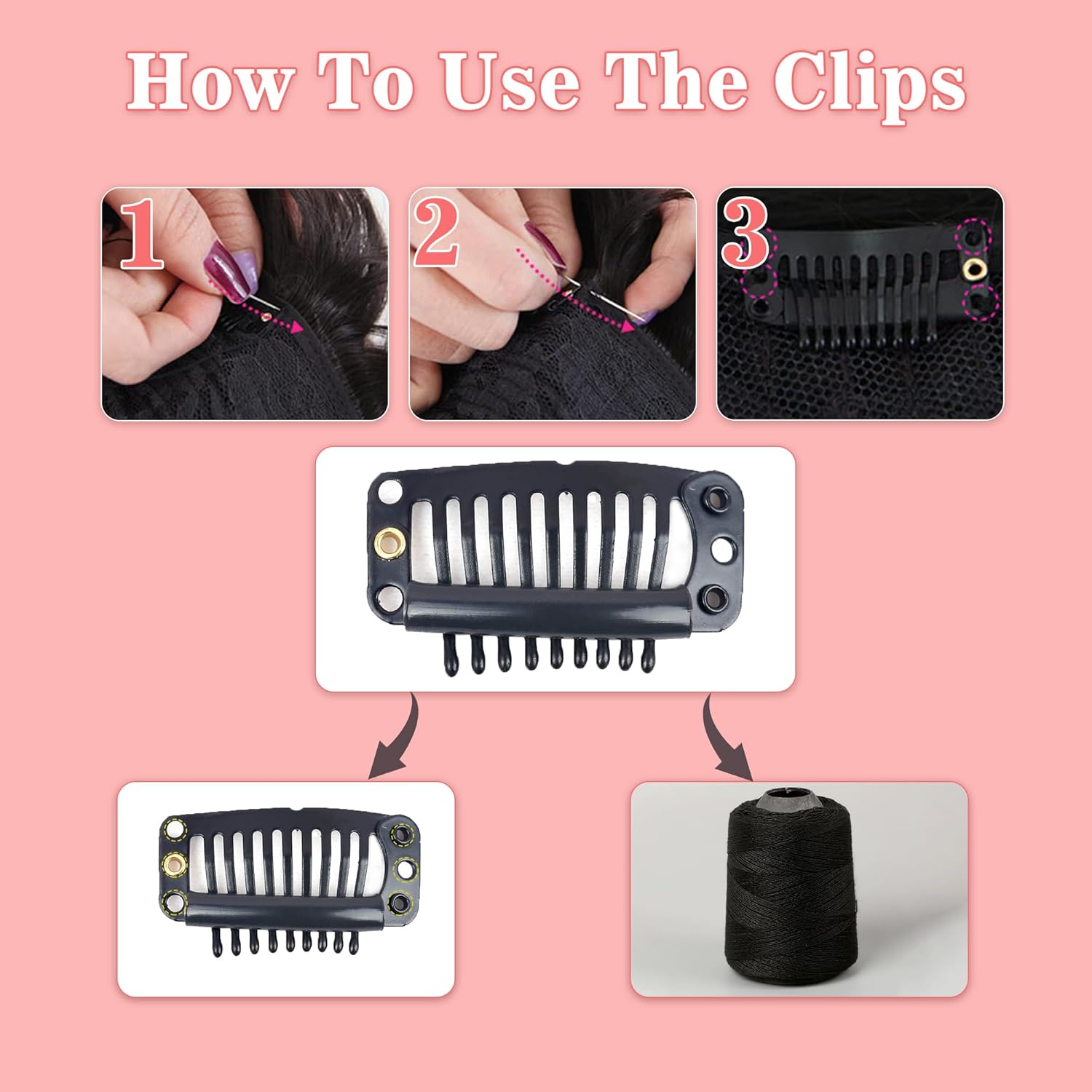 Liqusee 50 clips metálicos a presión de 9 dientes y 6 agujeros para extensiones de cabello, extensiones de cabello, clips de peluca de peine a