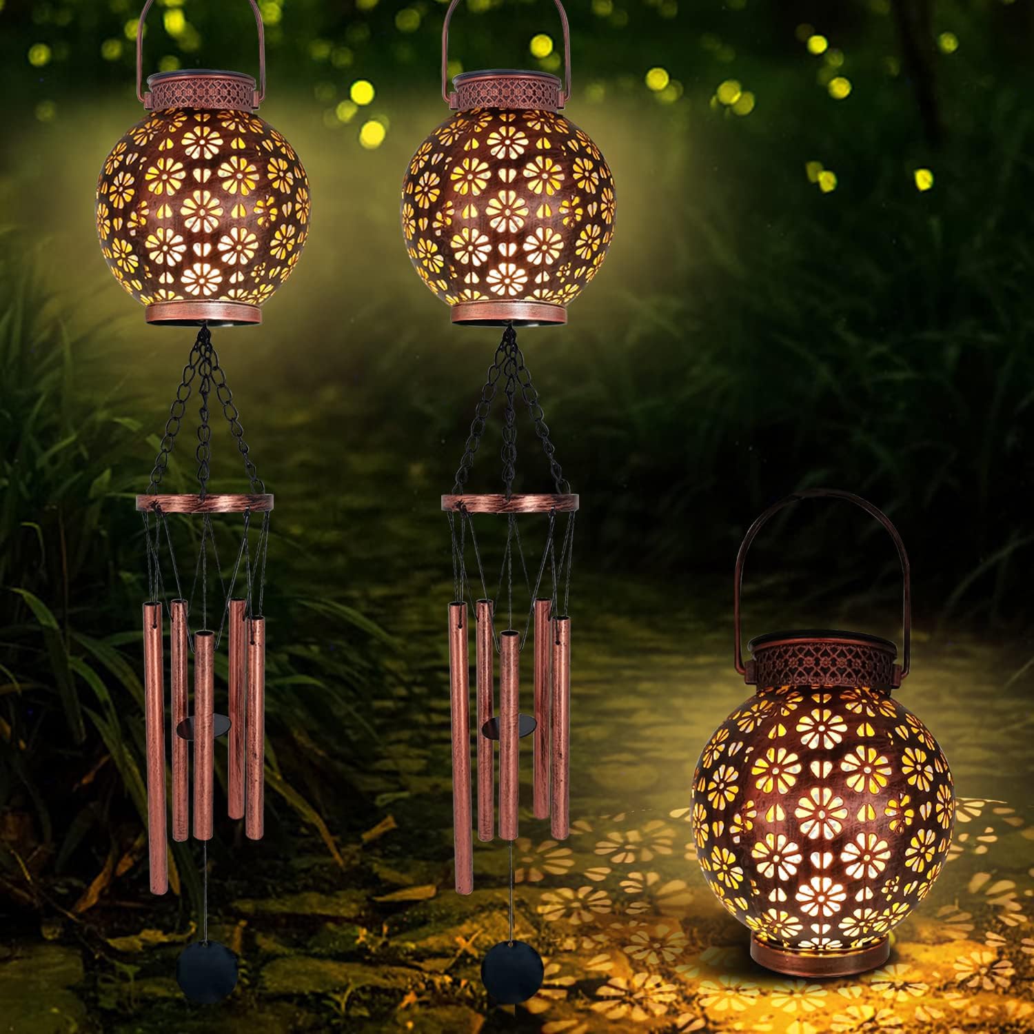 Astarin 2 campanillas de viento solares para colgar en exteriores, luces solares LED, farol de jardín al aire libre, decorativo, como regalo para