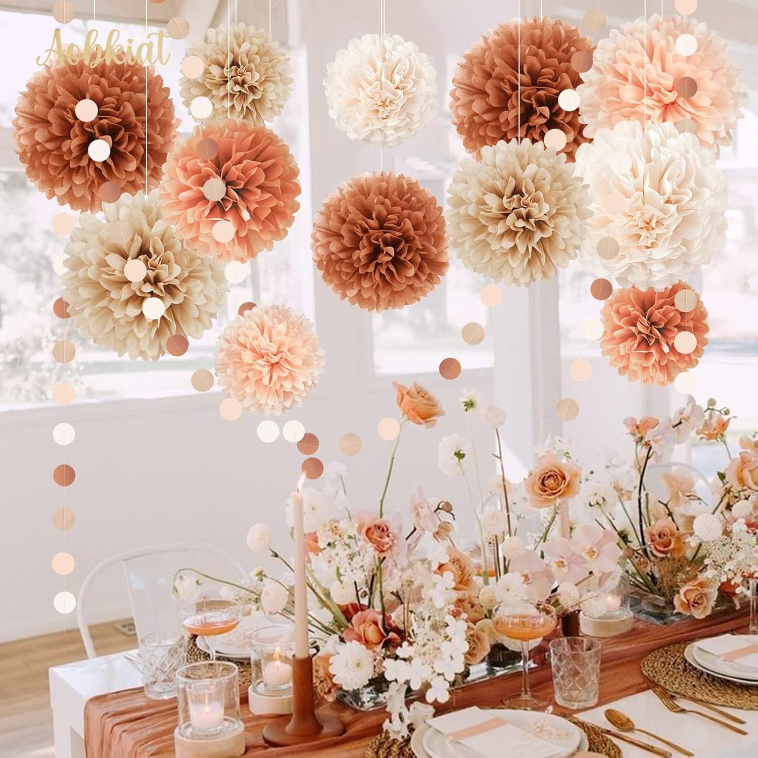 Juego de decoración de boda para baby shower, 15 pompones de papel de seda marrón melocotón, lunares circulares coloridos guirnalda de papel para