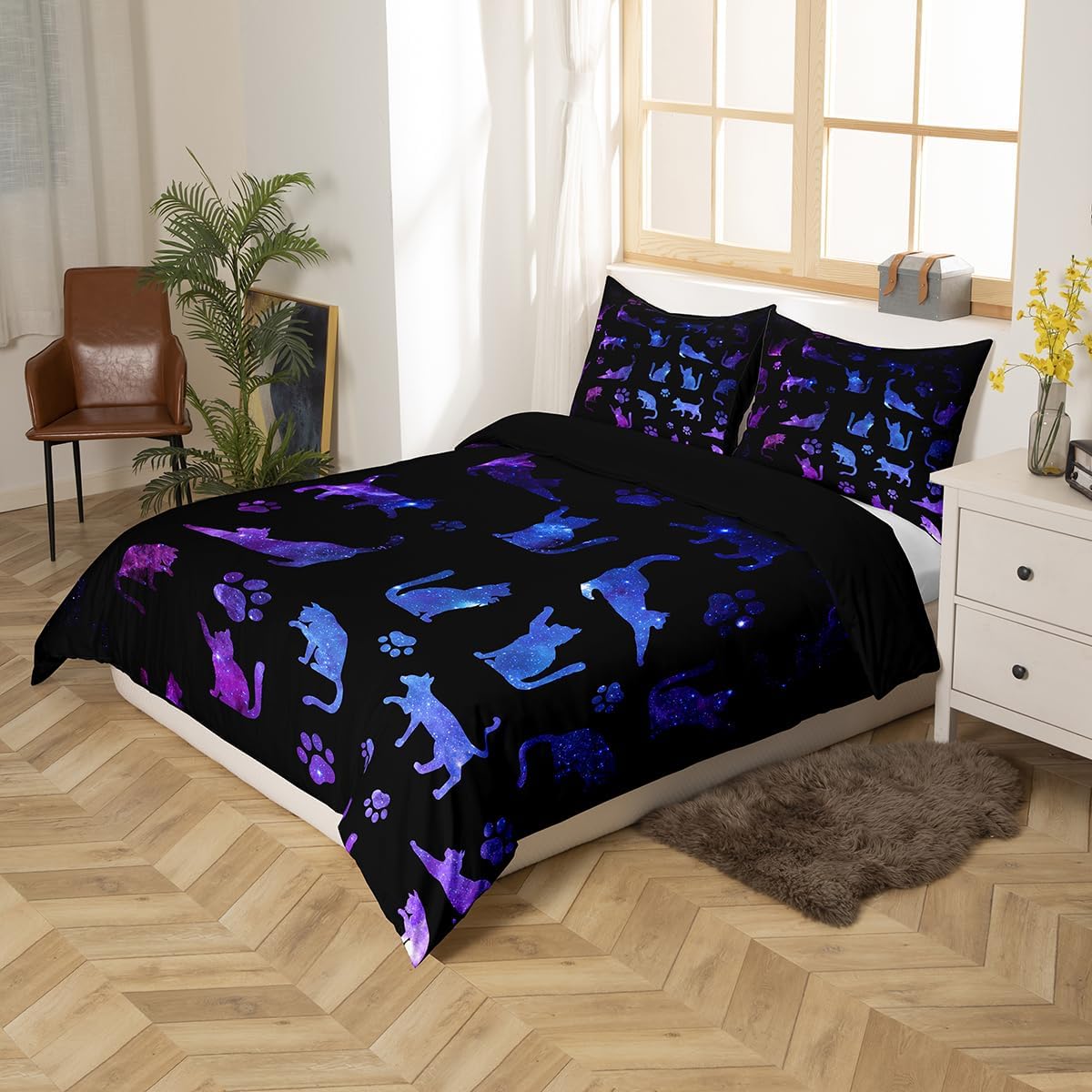 Erosebridal Juego de funda de edredón de gatos, tamaño Queen, para niños, gatos, silueta de dibujos animados, morado, azul, reversible, negro,