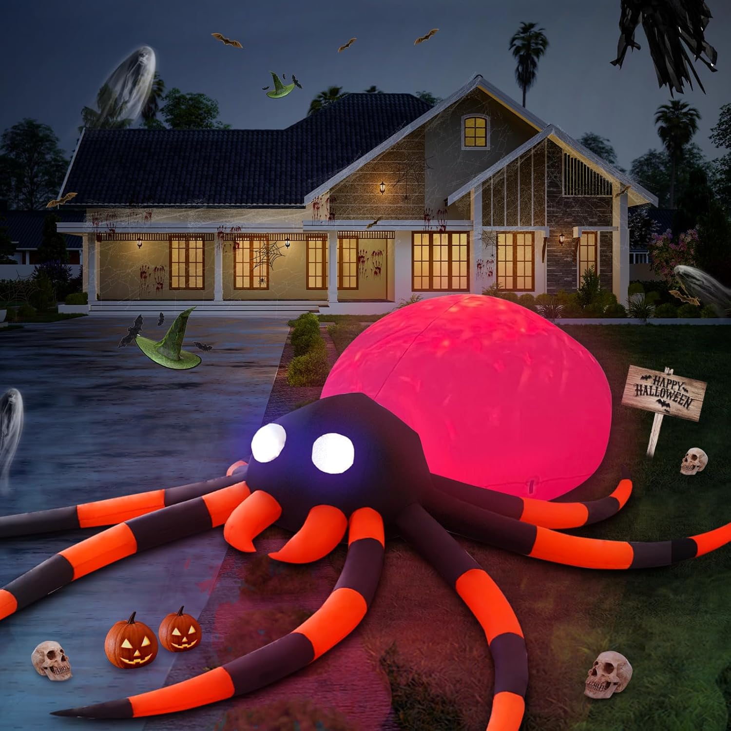 Araña de llama naranja de 12 pies, decoración inflable para exteriores, decoración al aire libre con luces LED, decoración inflable de vacaciones