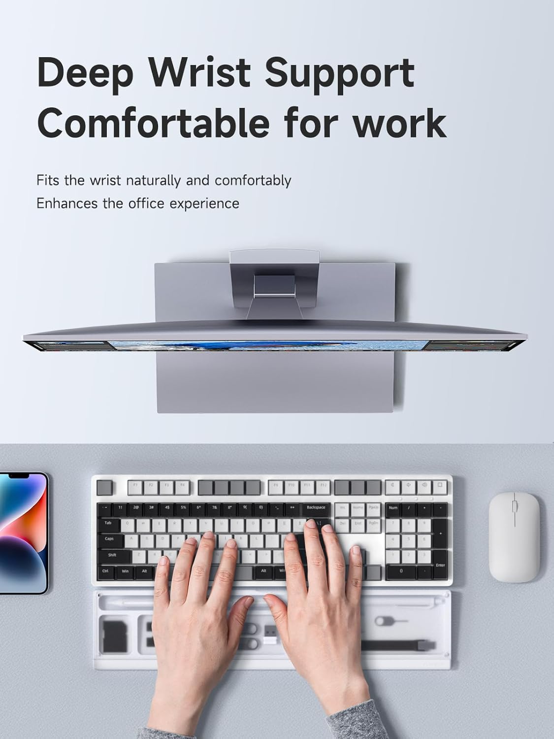 Hagibis Soporte para reposamuñecas para teclado con funda de almacenamiento de partición de escritorio, cubierta superior translúcida de PMMA, base