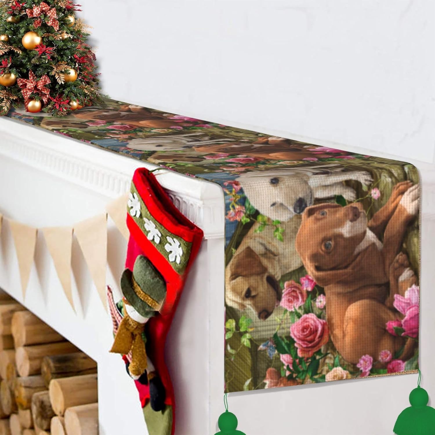 Camino de mesa de Navidad con perros lindos para decoración de mesa de comedor, decoración de Navidad para interiores, decoración del hogar, caminos