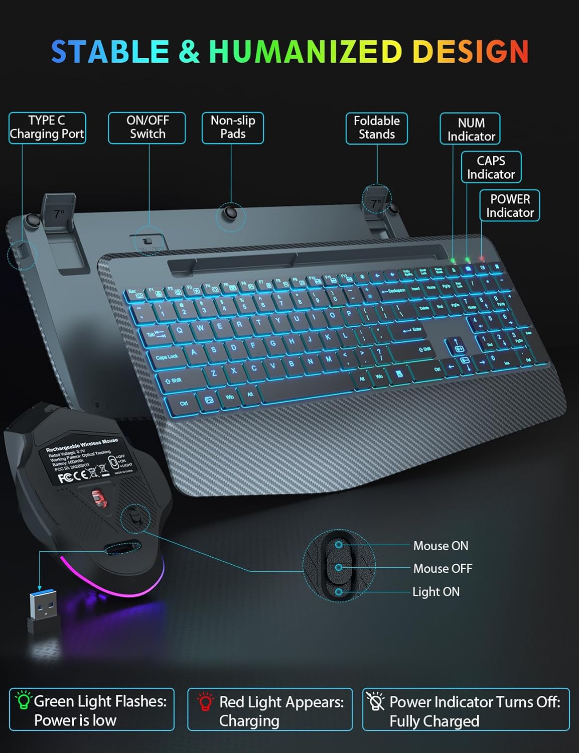 Retroiluminación inalámbrica para teclado y mouse, reposamuñecas, mouse Jiggler, teclado ergonómico recargable con soporte para teléfono, combo de