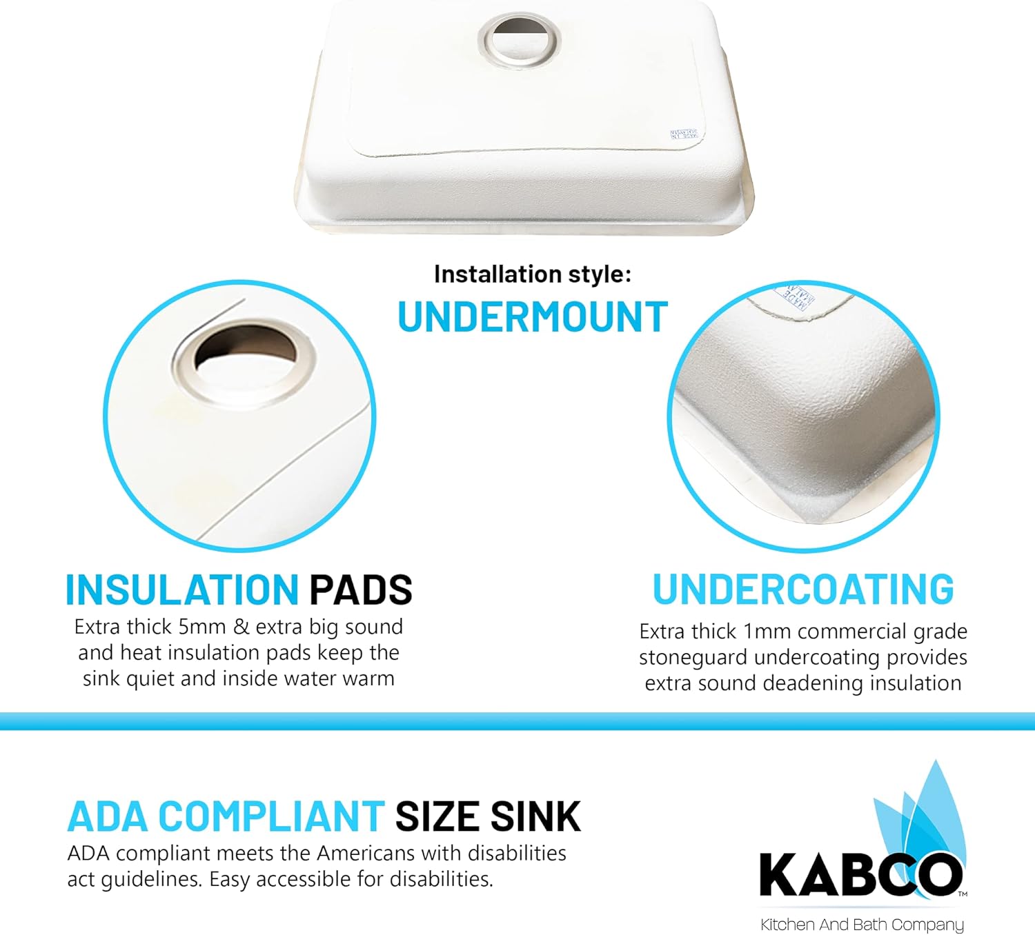 KABCO Fregadero de cocina de acero inoxidable de 30 pulgadas compatible con la ADA, con colador de fregadero, cesta de basura extraíble y rejilla de