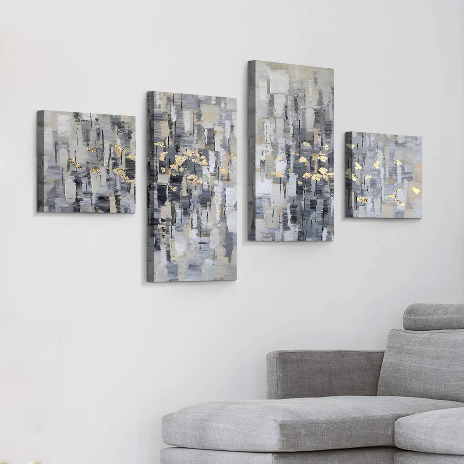 ARTISTIC PATH Lienzo abstracto para la pared obra de arte gris, pintura dorada para sala de estar, oficina (total 64 pulgadas de ancho x 39 pulgadas