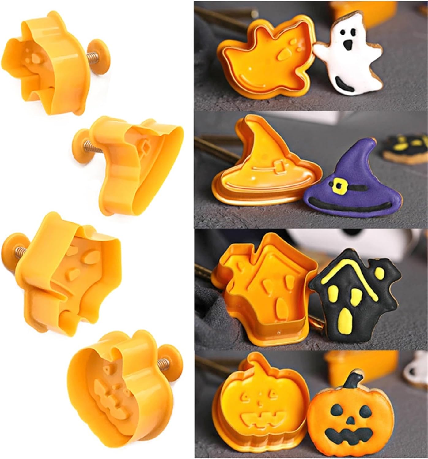 Juego de 4 cortadores de galletas de Halloween, moldes 3D para cortar galletas de casa encantada, sombrero de bruja, fantasma, calabaza, fondant,