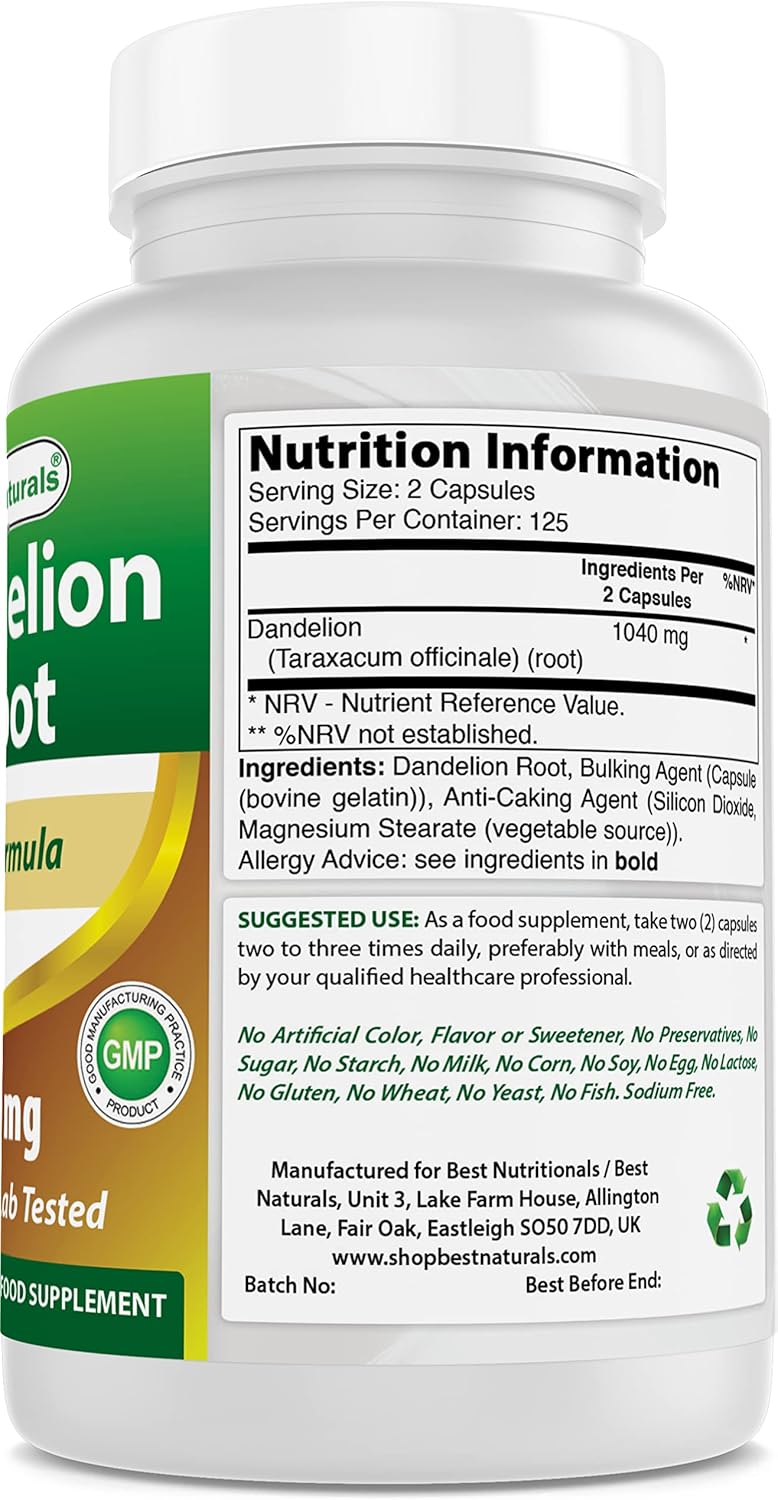 Best Naturals Raíz de diente de león 520 mg 250 Cápsulas
