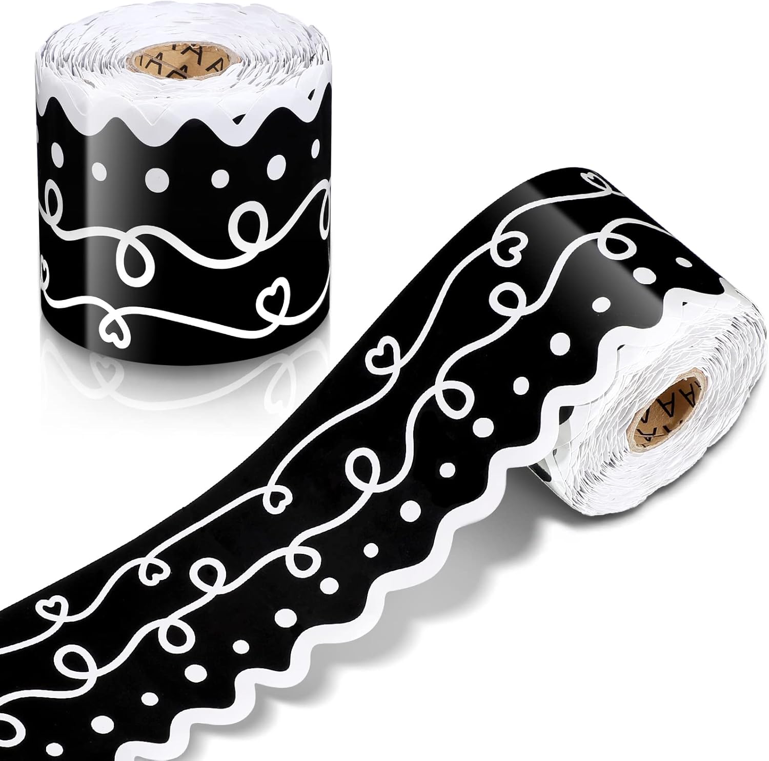 Bordes festoneados de 69 pies para el aula, garabatos y puntos, bordes de tablón de anuncios, puntos de remolino blanco y negro, papel enrollado