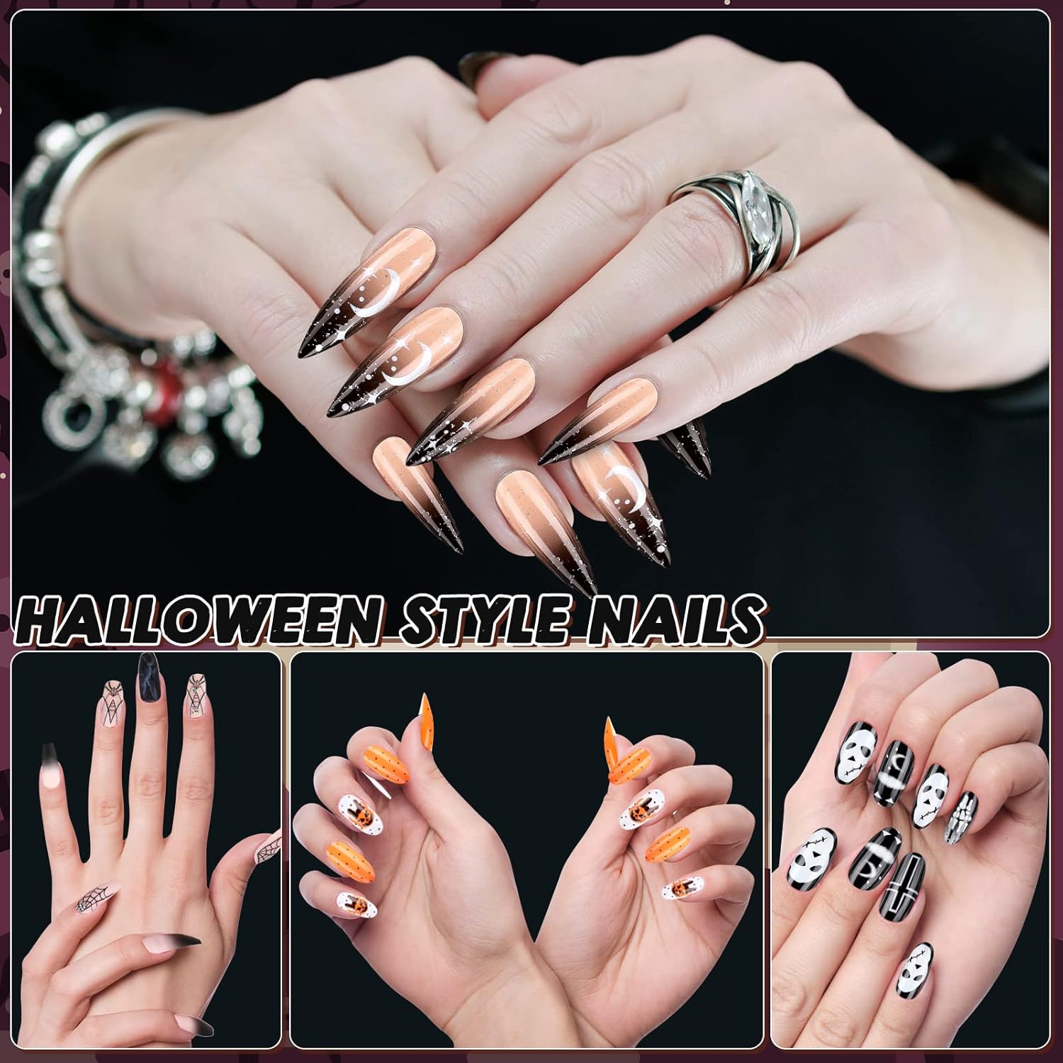 144 uñas postizas de Halloween, uñas postizas cortas a presión, uñas postizas de Halloween, pegamento con pestaña de pegamento de uñas, puntas de