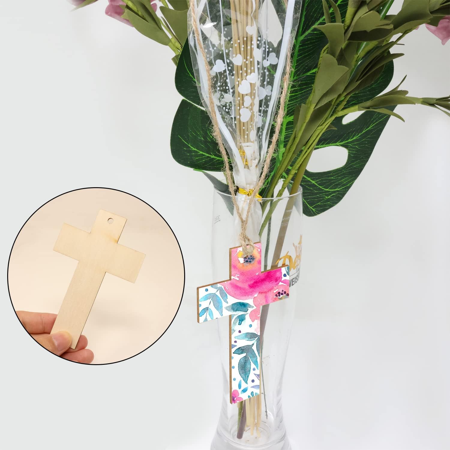 yueton 24 adornos colgantes de madera en cruz, piezas de madera en blanco sin terminar, rebanadas de madera, adornos de virutas de madera, etiquetas