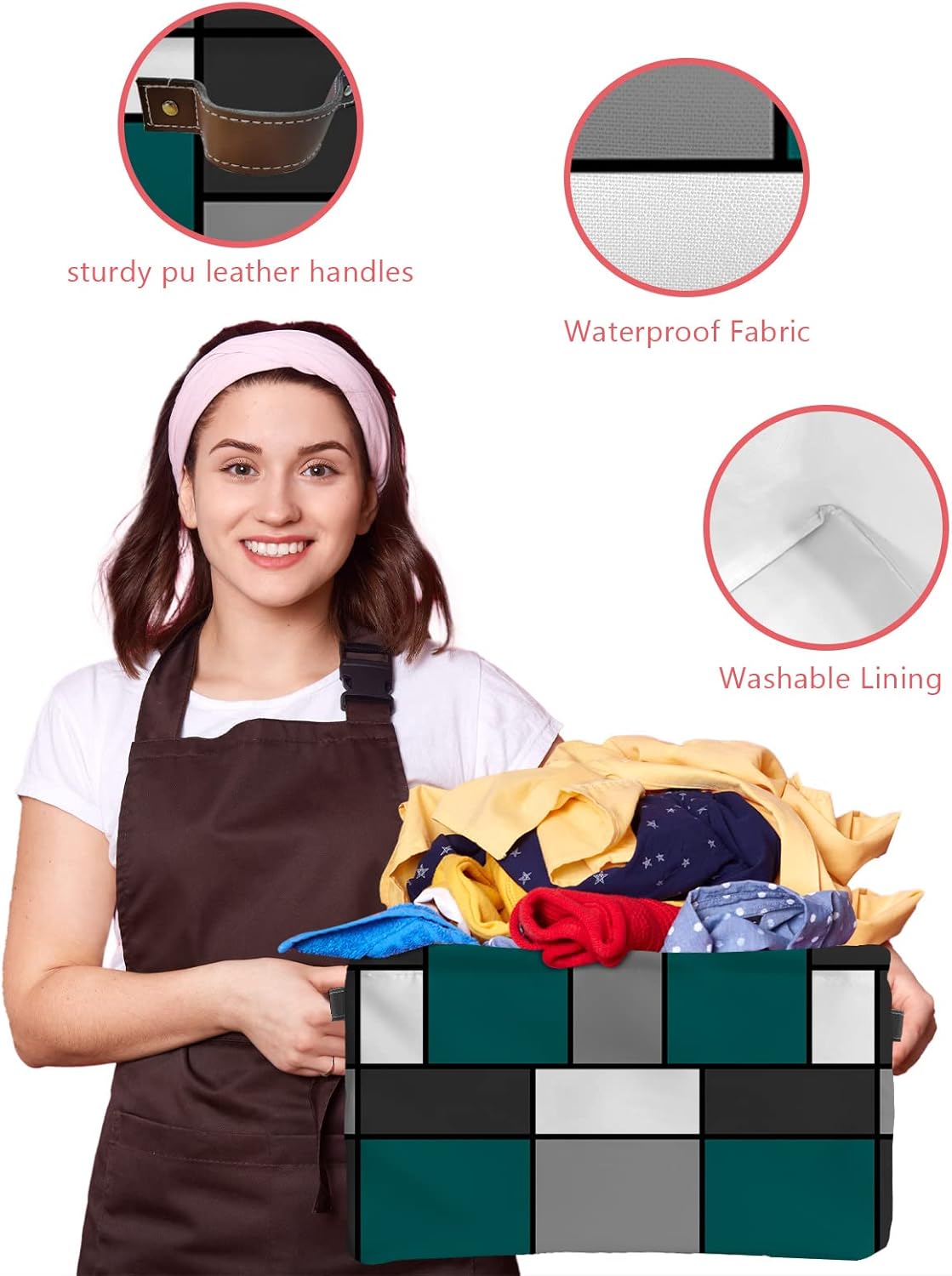 Cesta de almacenamiento geométrica gris turquesa para organizar estantes, cajas de almacenamiento plegables con asa, cesta de lona moderna blanca