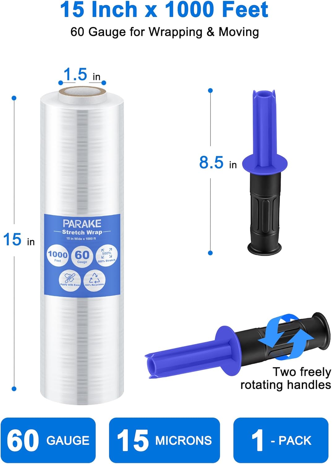Película elástica para envolver, envoltura retráctil de 15 pulgadas x 1000 pies con asas, rollo de plástico de resistencia industrial, rollo de